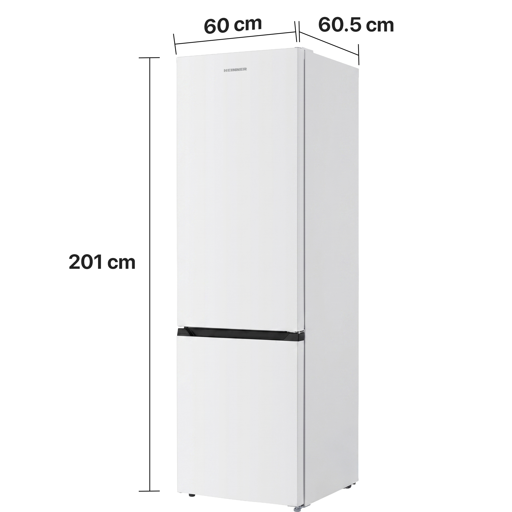 Een witte koelkast met vriesvak, 201cm hoog, 60cm breed, 60.5cm diep.