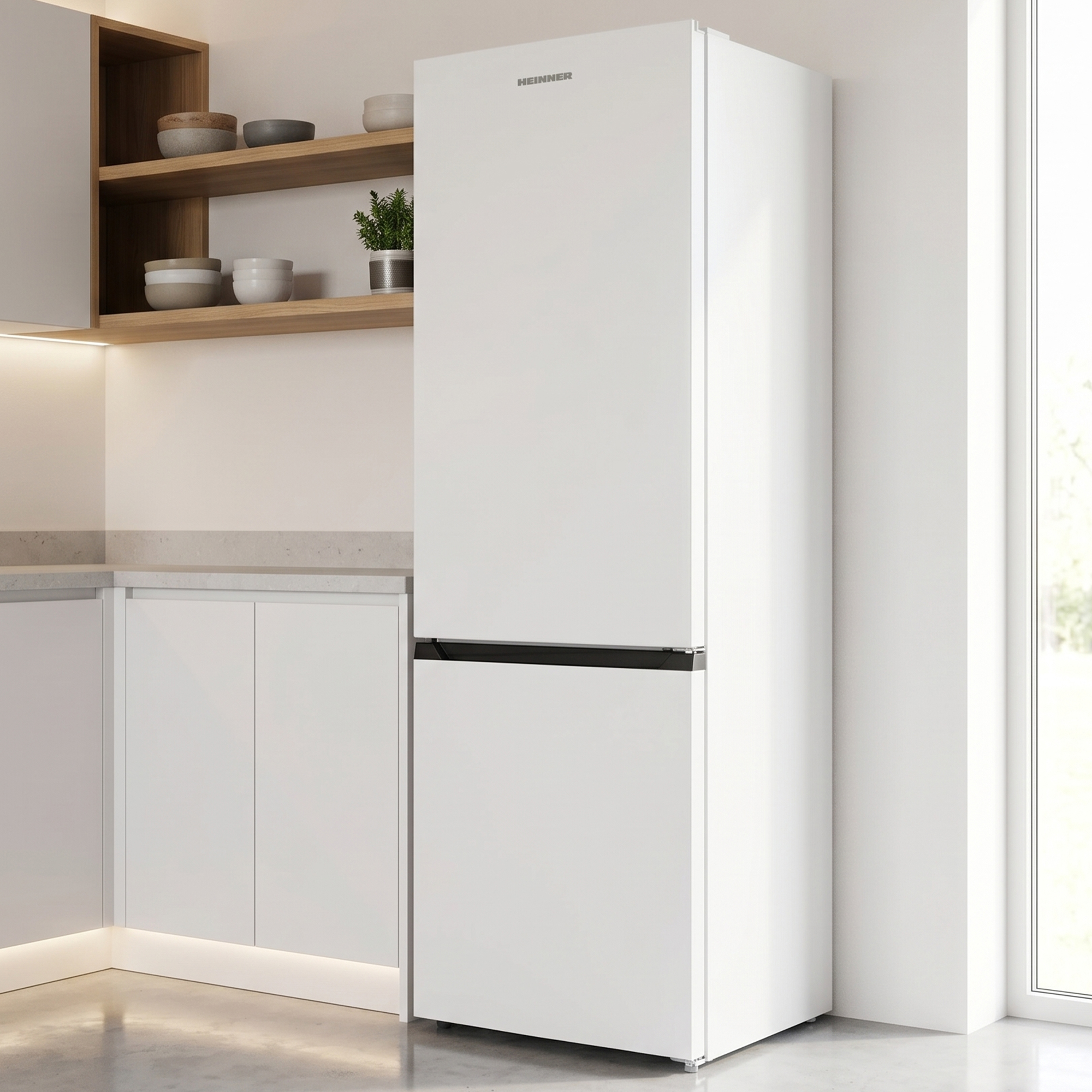 Een witte koelkast staat in een moderne keuken naast een raam.