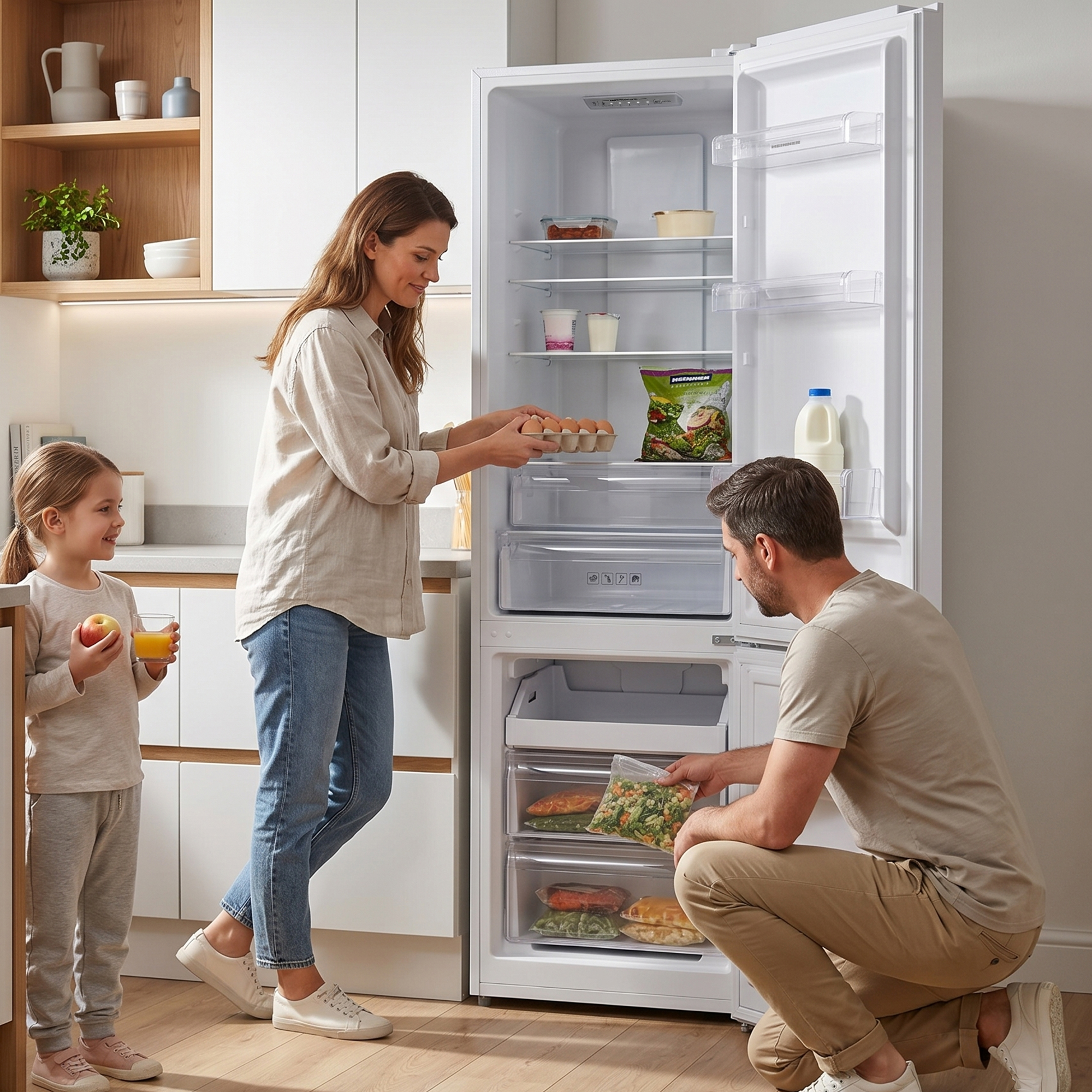 Familie pakt eten in een open koelkast.