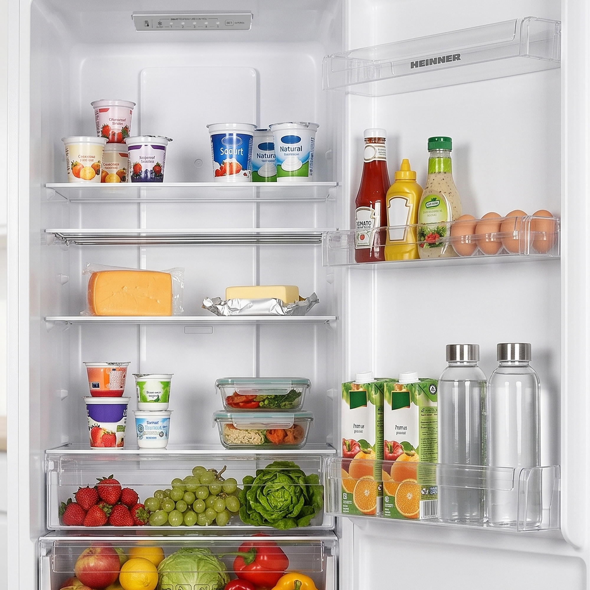 Koelkast interieur met yoghurt, kaas, eieren, dranken en fruit.