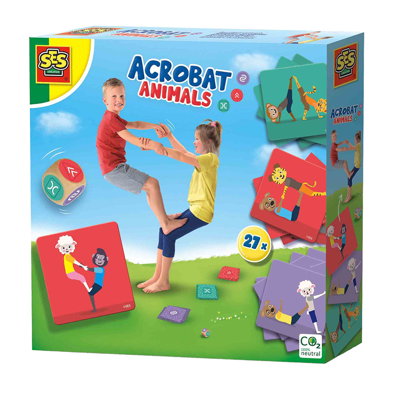 Una scatola di gioco mostra bambini e animali in acrobazia. Un ragazzo e una ragazza si equilibrano. Animali su carte.