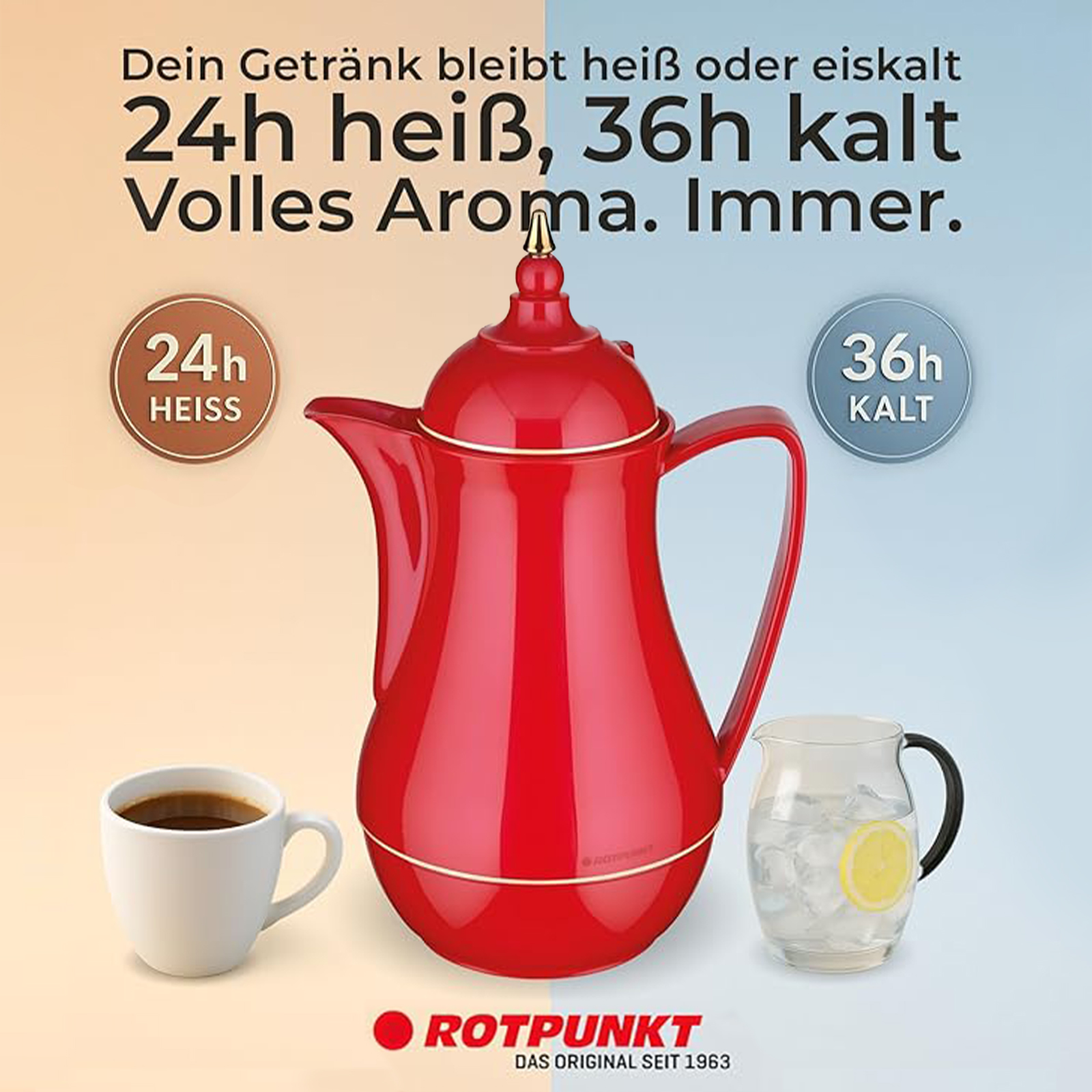 Roter Thermoskanne mit Kaffee und Eiswasser. Hält 24h heiß, 36h kalt.