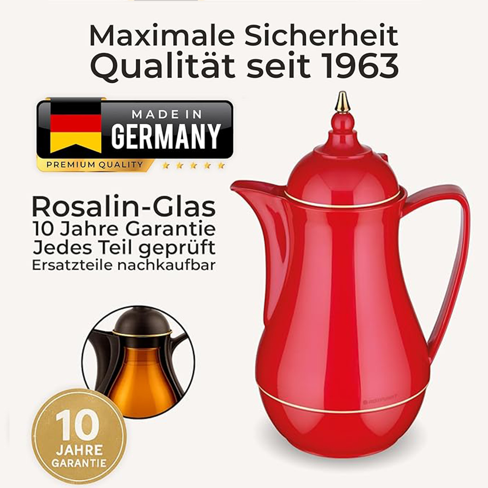 Roter Thermoskanne mit "Made in Germany" Siegel und 10 Jahre Garantie.