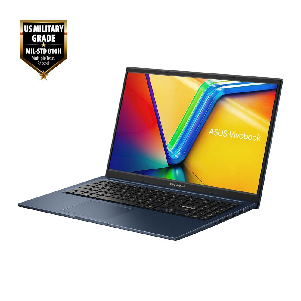 ABD Askeri Sınıf sertifikalı mavi Asus Vivobook dizüstü bilgisayar.