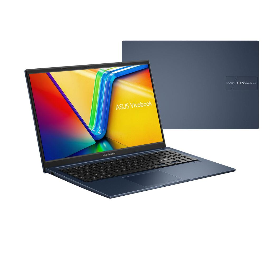 Mavi bir Asus Vivobook dizüstü bilgisayar açık, renkli bir duvar kağıdı sergiliyor. Arkasında kapalı başka bir dizüstü bilgisayar var.