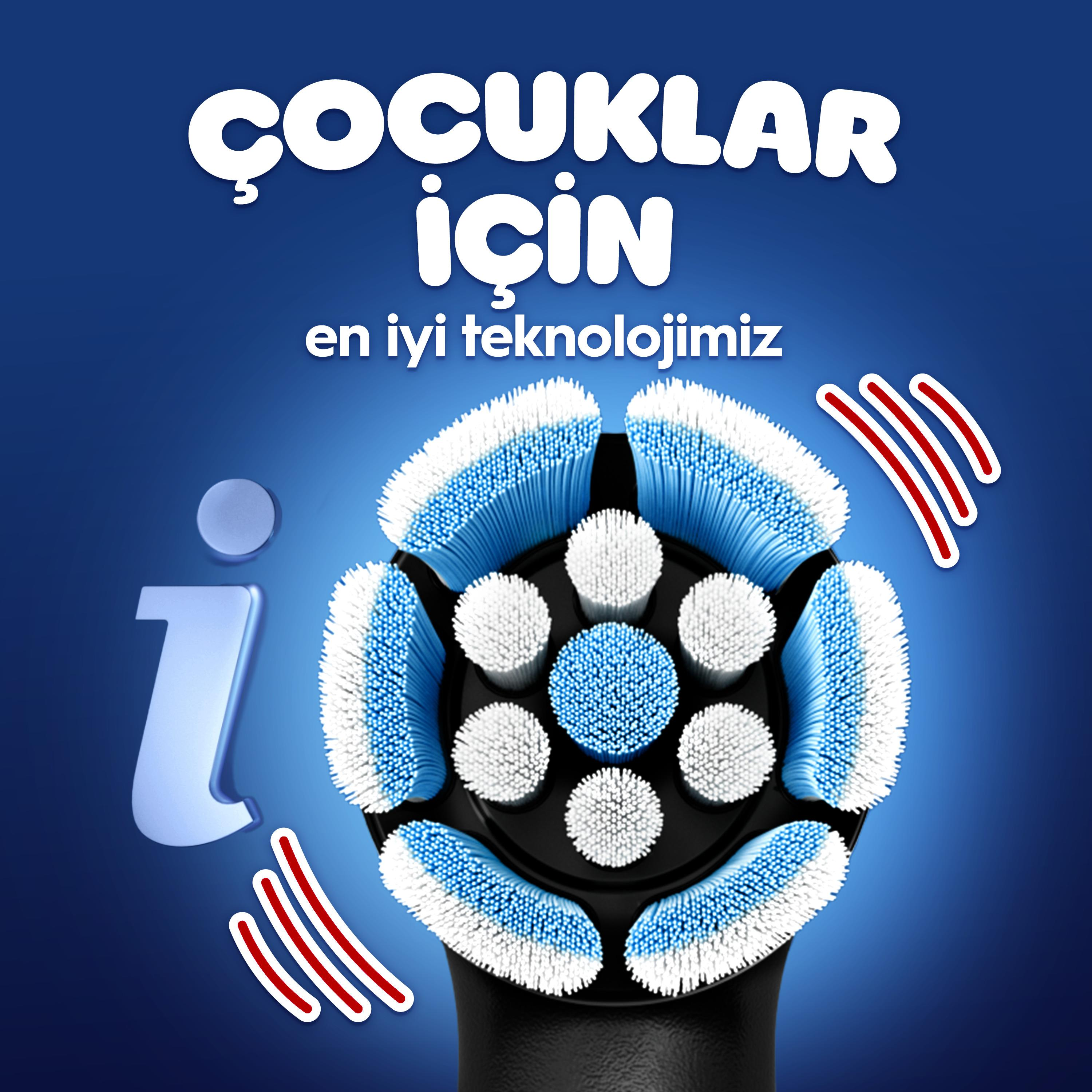 Mavi ve beyaz kıllı, çocuklar için elektrikli diş fırçası. "Çocuklar".