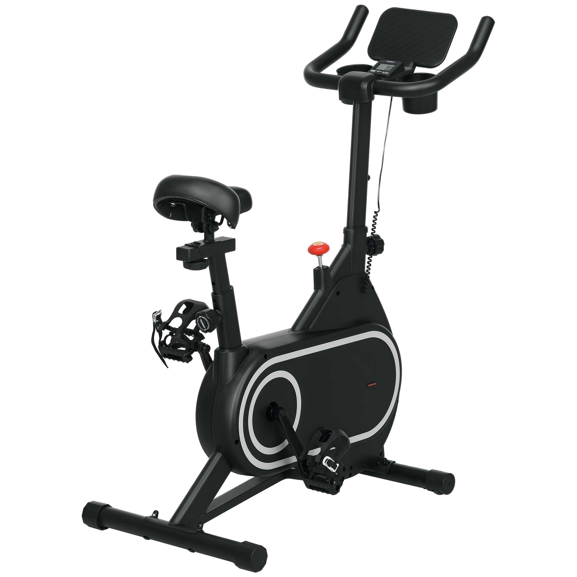 Cyclette nera con display digitale, sedile e pedali regolabili.