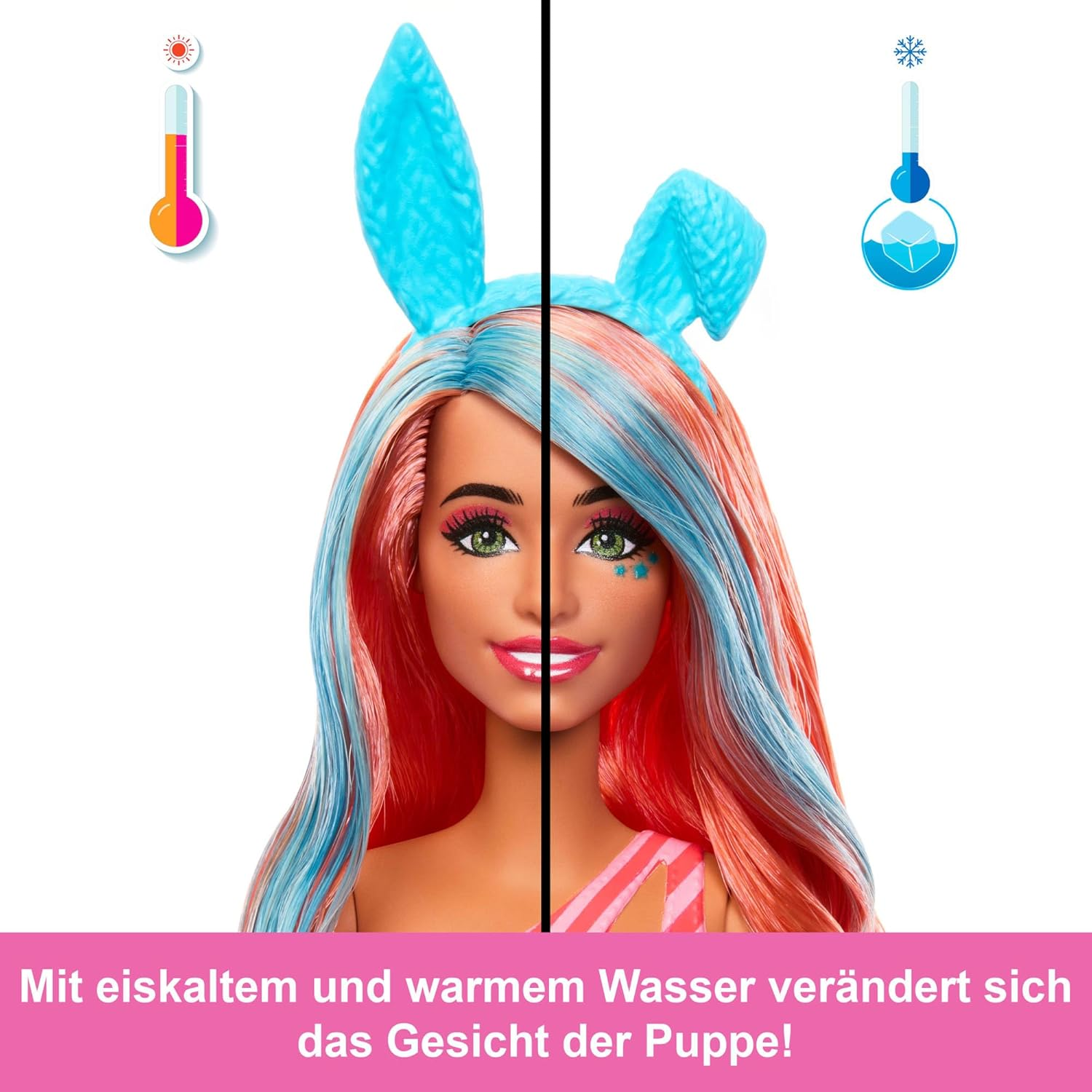 Barbie mit zwei Gesichtsseiten, eine mit blauem, eine mit rosa Haar. Thermometer-Symbole.