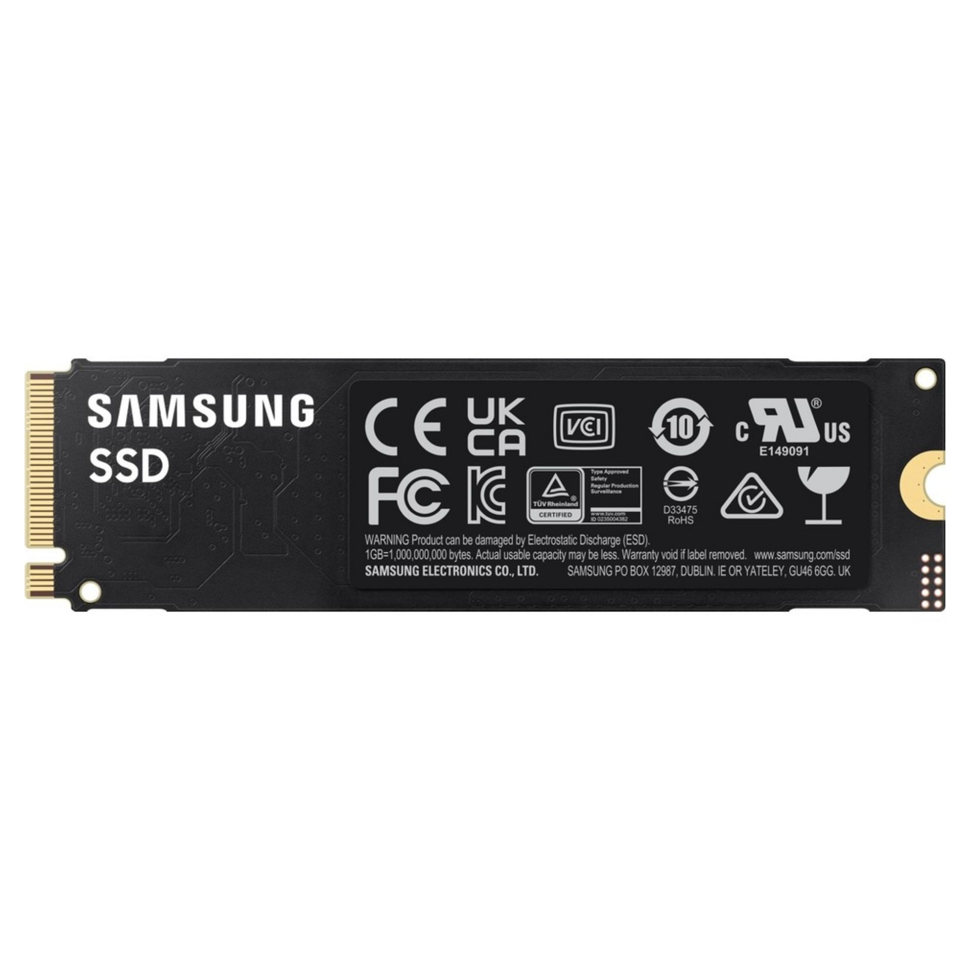 Altın kontaklı ve sertifika işaretli siyah Samsung SSD.