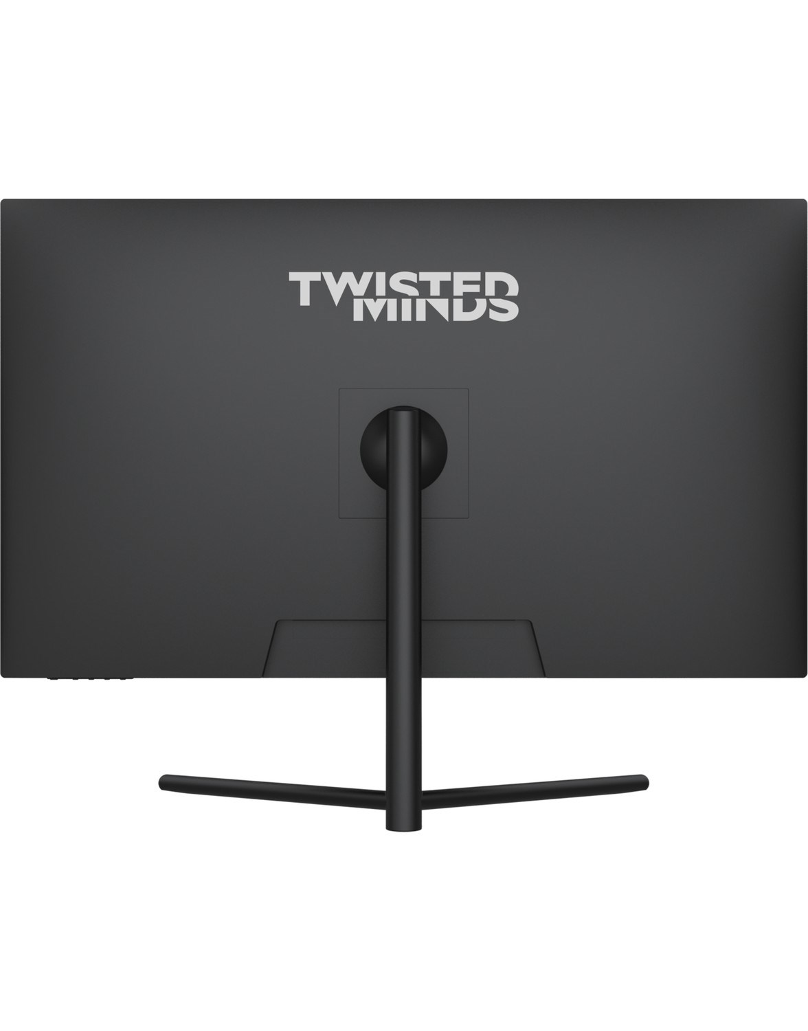 Twisted Minds logosu ve standı olan siyah monitörün arkası.