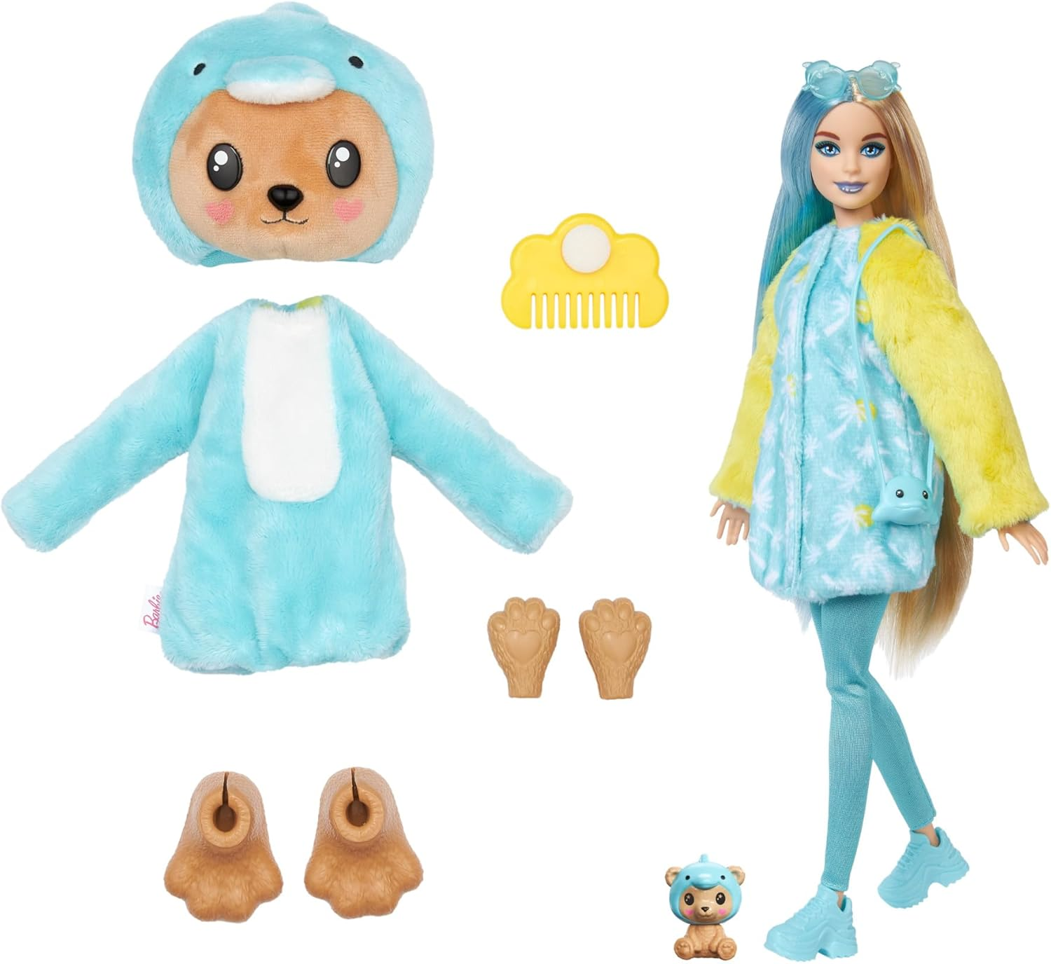 Barbie mit blauem Tierkostüm, Zubehör wie Kamm, Schuhe und kleine Tierfigur.