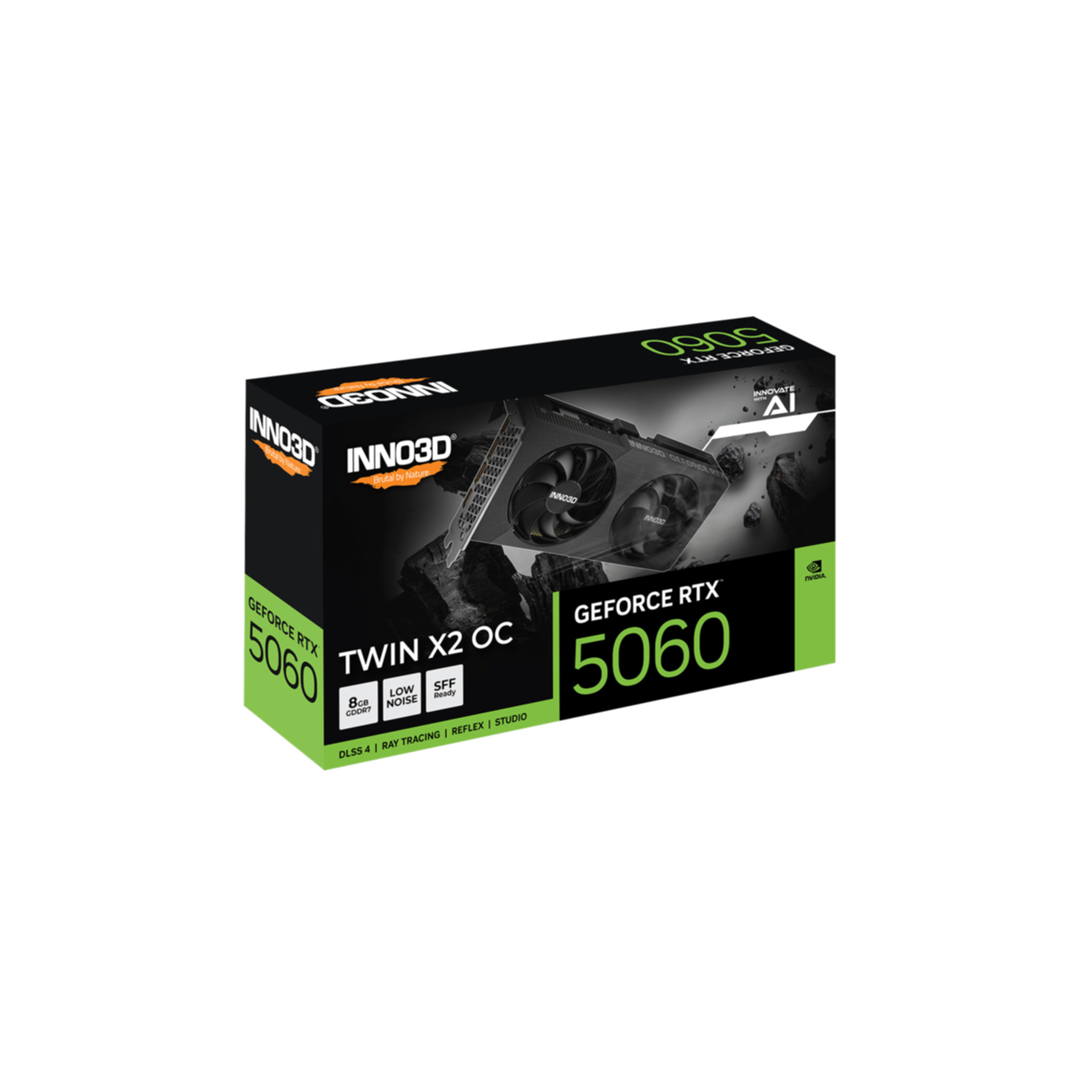 Doos van een INNO3D GEFORCE RTX 5060 Twin X2 OC grafische kaart met 8GB GDDR7.