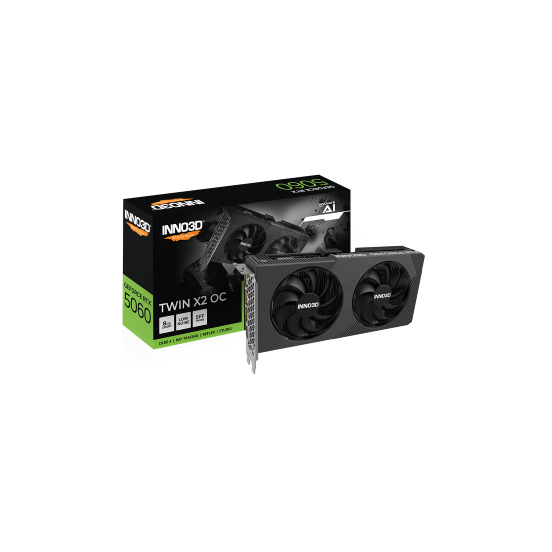 INNO3D GeForce RTX 5060 Twin X2 OC grafische kaart met twee ventilatoren naast de doos.