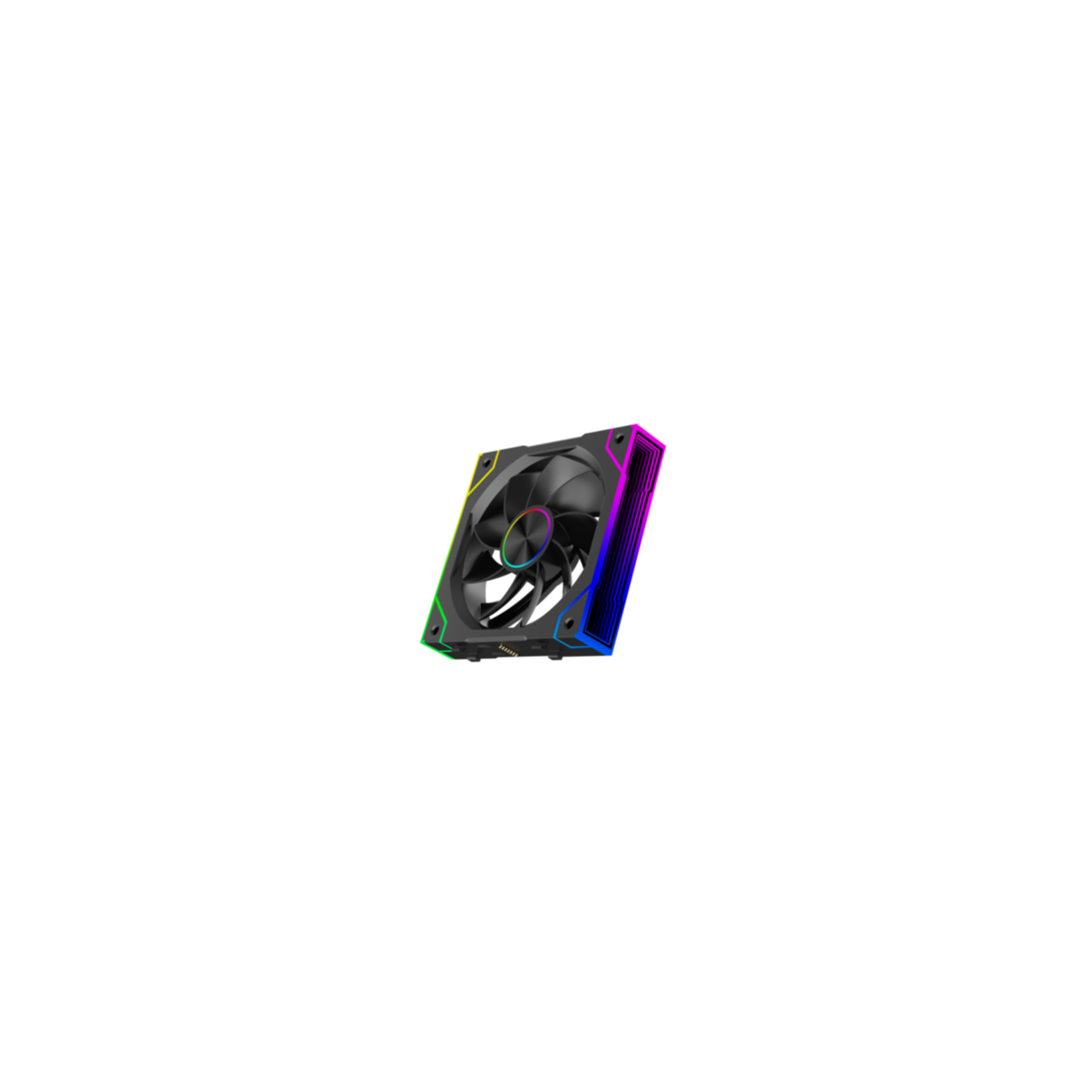 Ein schwarzer Lüfter mit bunten RGB-LEDs an den Rändern.