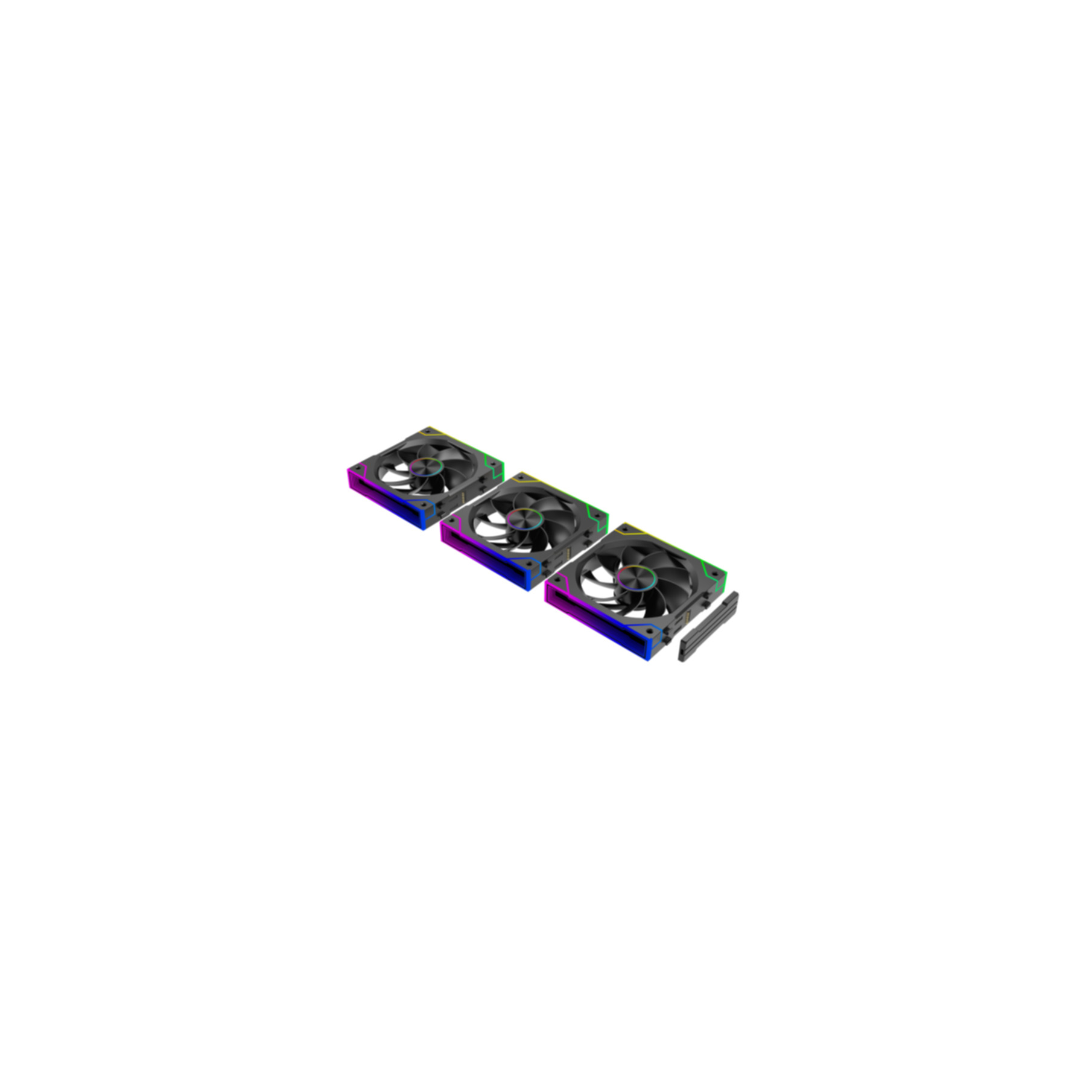 Drei schwarze Lüfter mit RGB-Beleuchtung und einem grauen Montageclip.