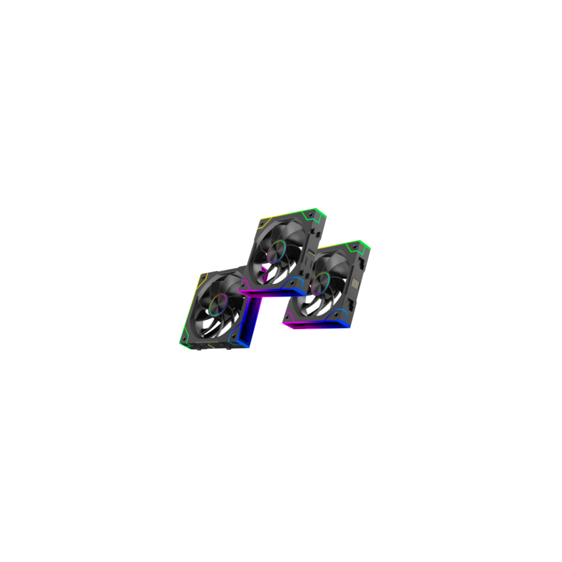 Drei schwarze Lüfter mit RGB-Beleuchtung in Grün, Blau und Violett.