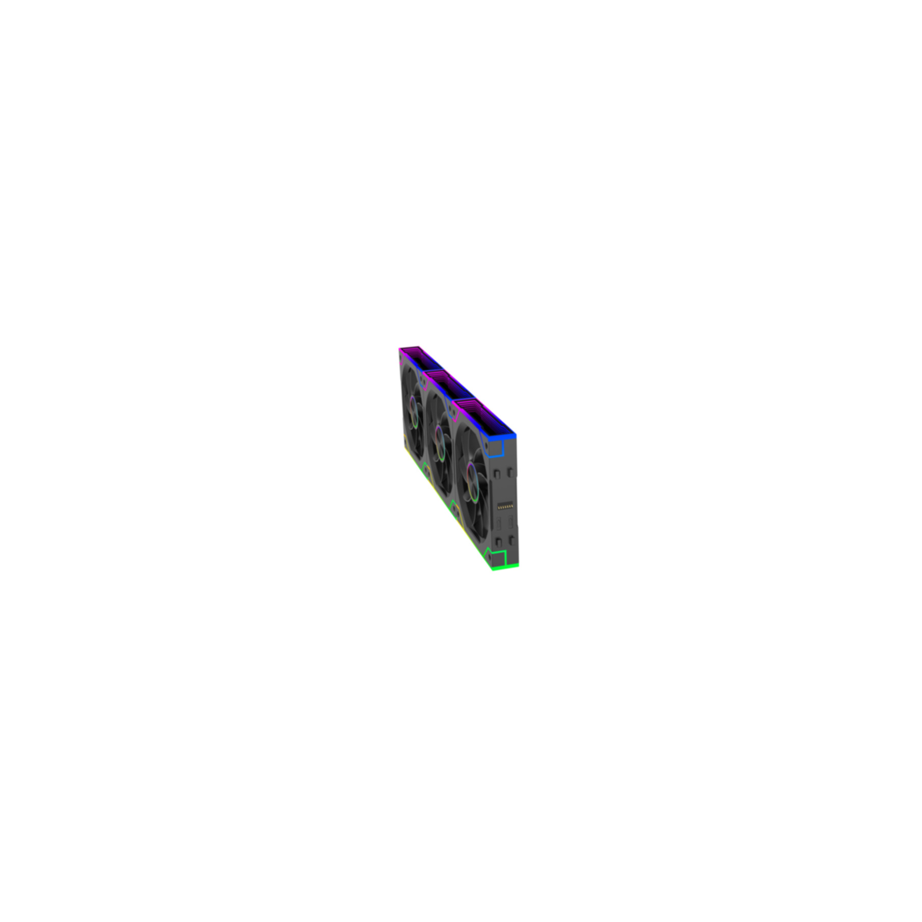 Eine schwarze Grafikkarte mit drei Lüftern und RGB-Beleuchtung auf weißem Hintergrund.