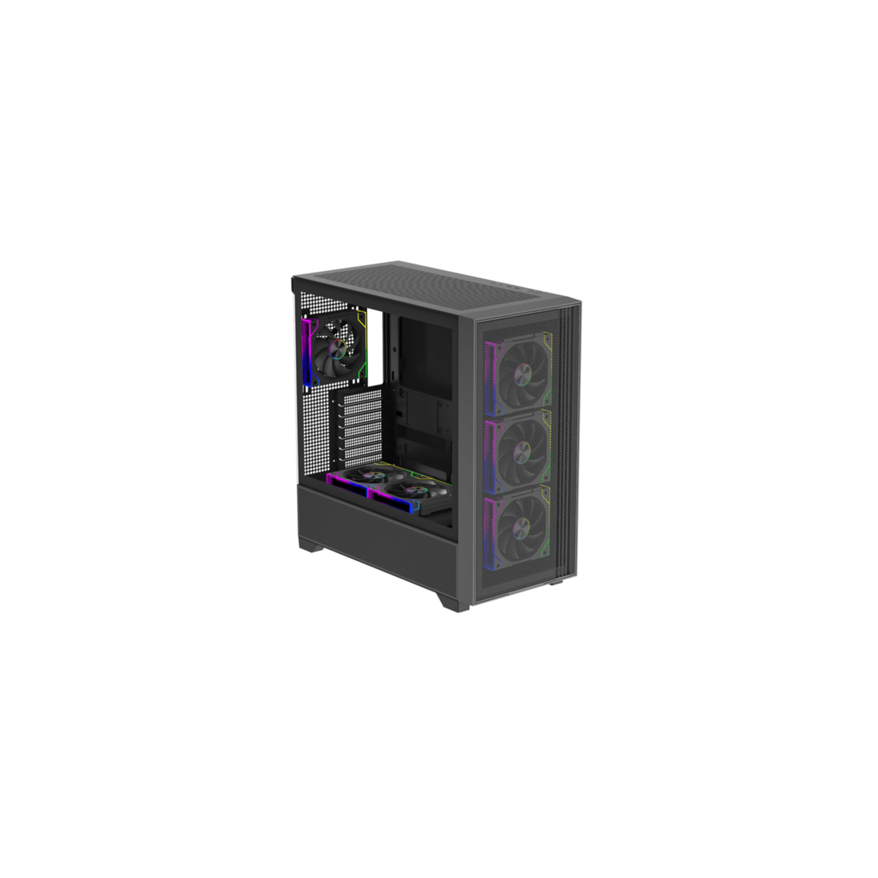 Ein schwarzes PC-Gehäuse mit RGB-Lüftern, von vorne und links sichtbar.