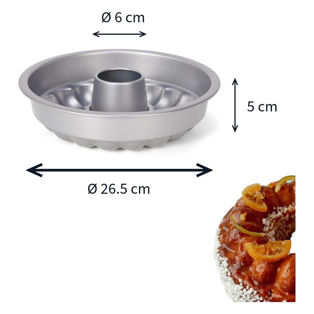 Srebrna forma do babki, średnica 26,5 cm, wysokość 5 cm, z wymiarami.