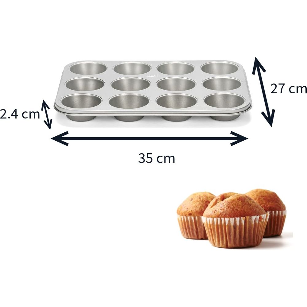 Metalowa forma do 12 muffinek, 35x27x2,4 cm, z trzema muffinkami.