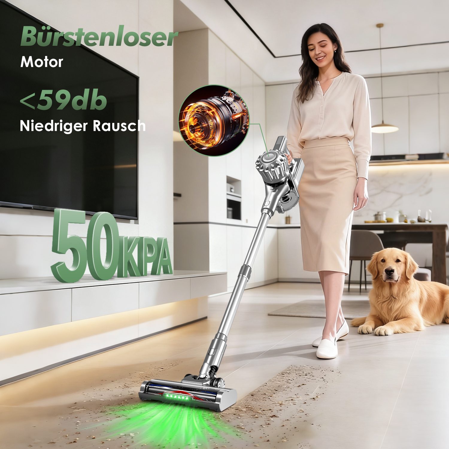 Eine Frau mit einem Staubsauger in einem modernen Wohnzimmer, ein Hund liegt daneben.