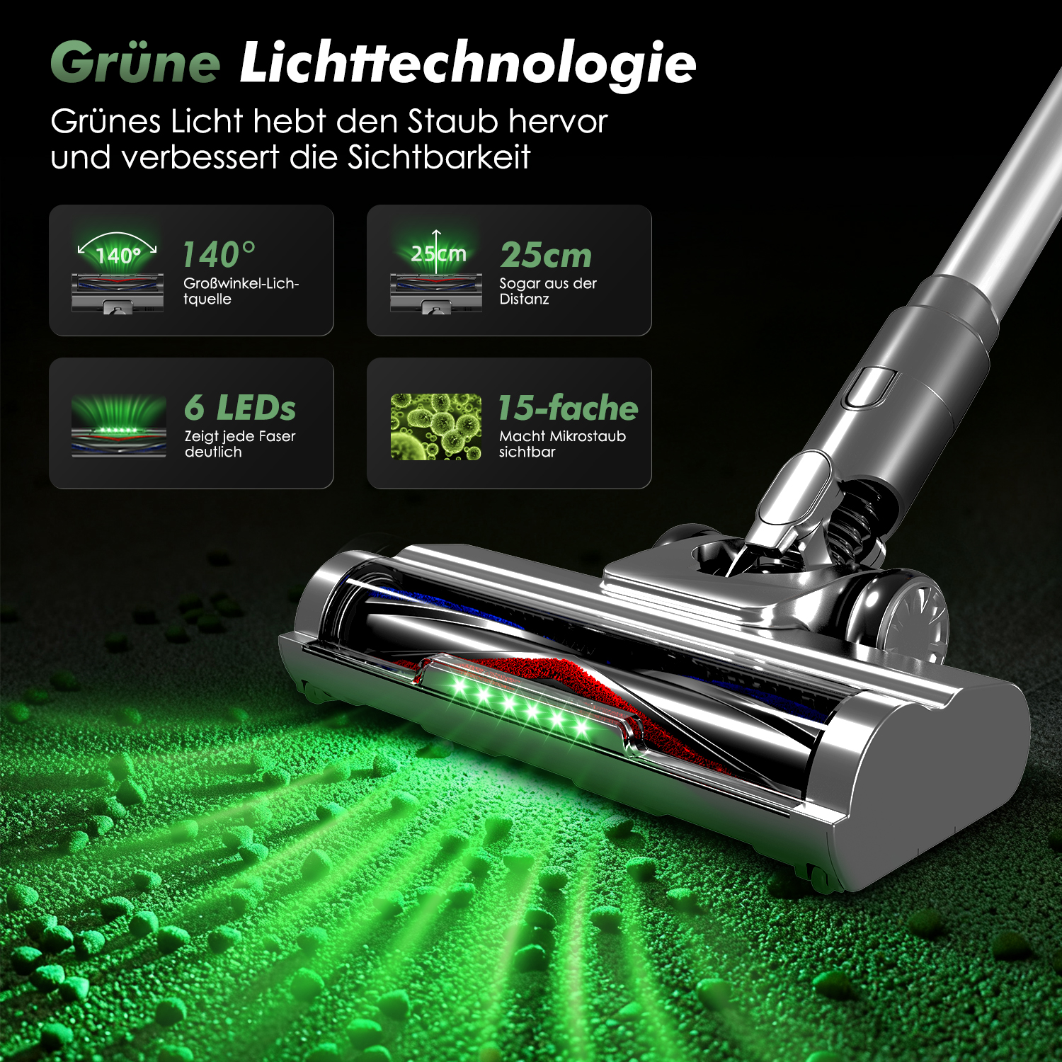 Staubsaugerdüse mit grüner LED-Beleuchtung hebt Staub und Schmutz hervor.
