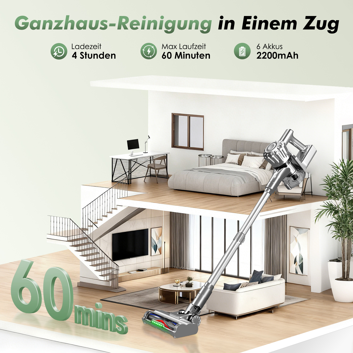 Ein Haus wird mit einem Staubsauger gereinigt. Ladezeit 4h, Laufzeit 60min.