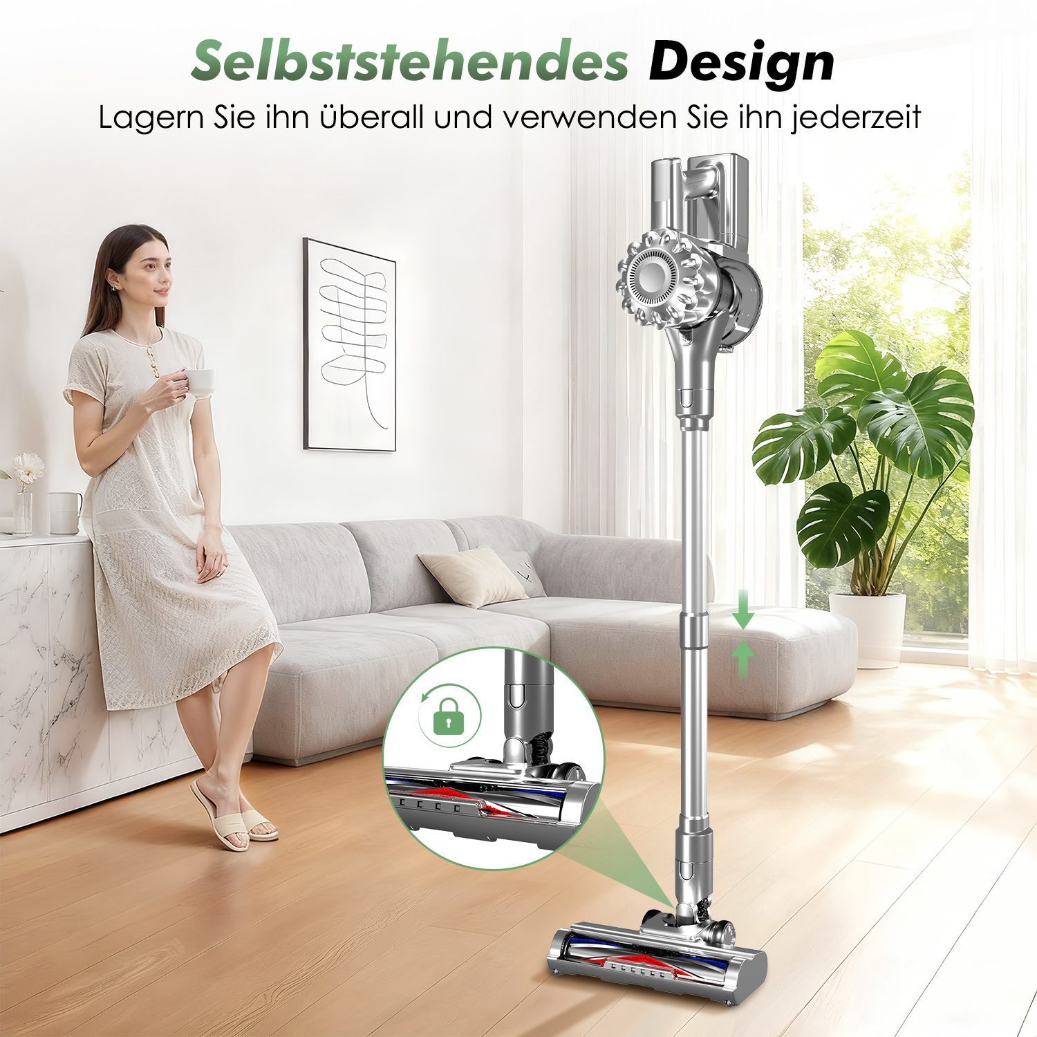 Eine Frau trinkt Kaffee in einem modernen Wohnzimmer mit einem Staubsauger.