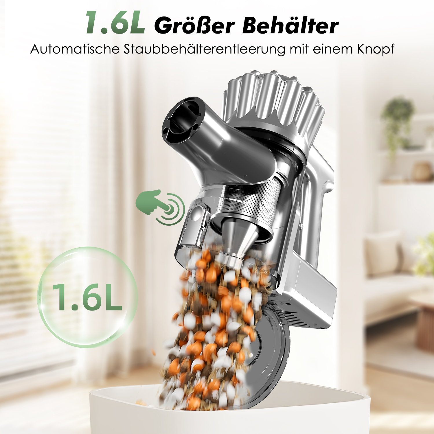Ein silberner Staubsauger leert seinen 1,6-Liter-Behälter in einen weißen Behälter.