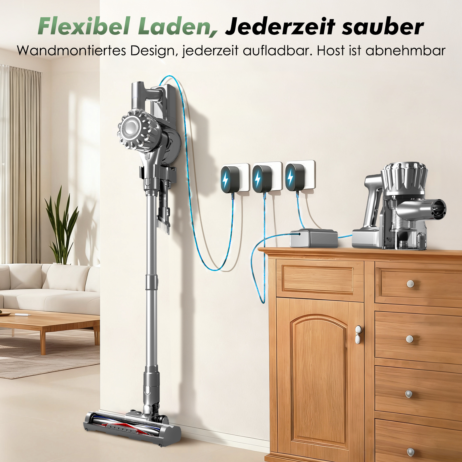 Ein silberner Staubsauger hängt an einer Wandhalterung und lädt.