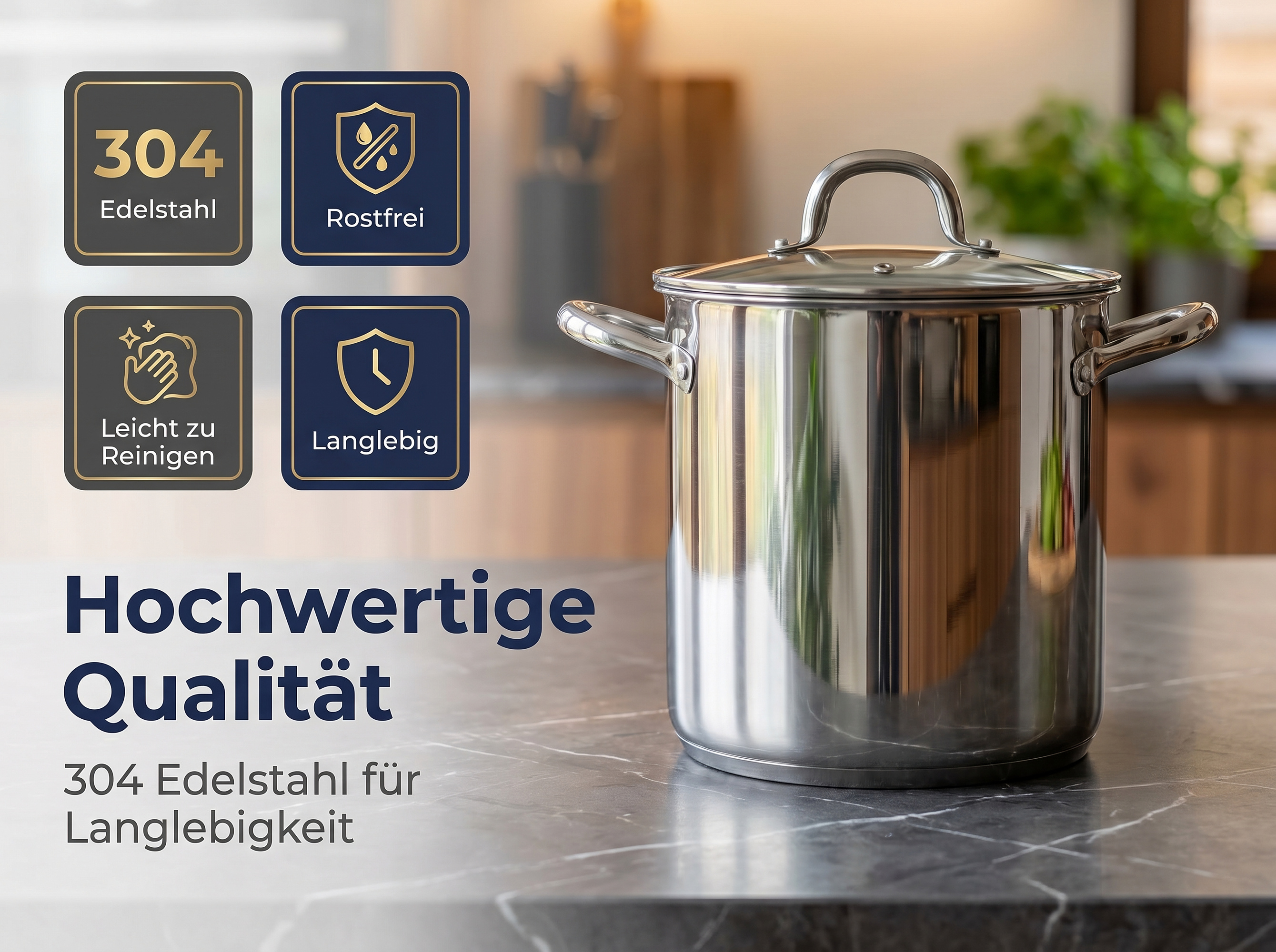 Edelstahltopf mit Deckel und Icons für 304 Edelstahl, Rostfrei, Leicht zu Reinigen, Langlebig.