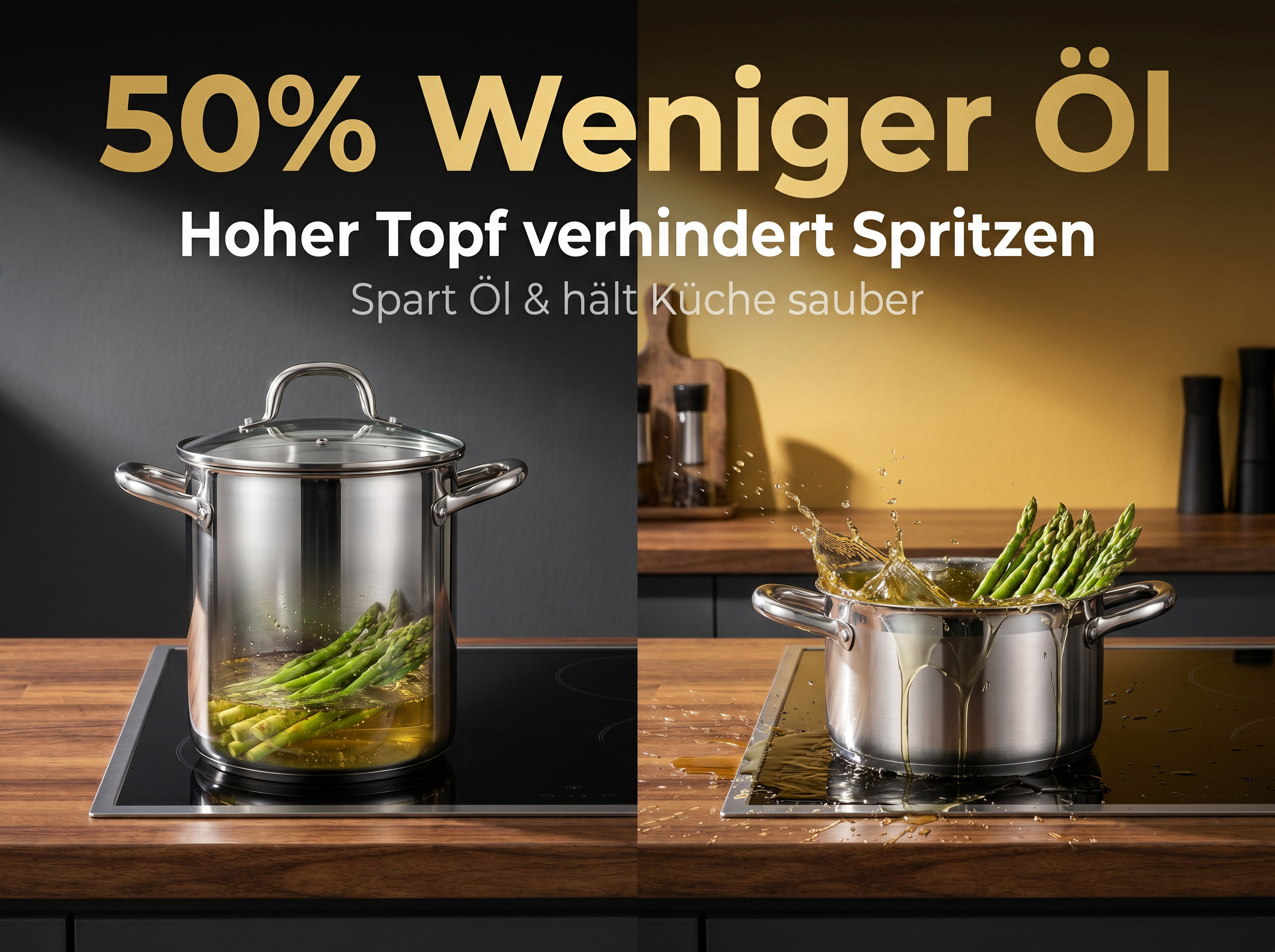 Geteilte Abbildung zeigt Spargel, der in Öl gekocht wird. Links: enthalten. Rechts: spritzend.