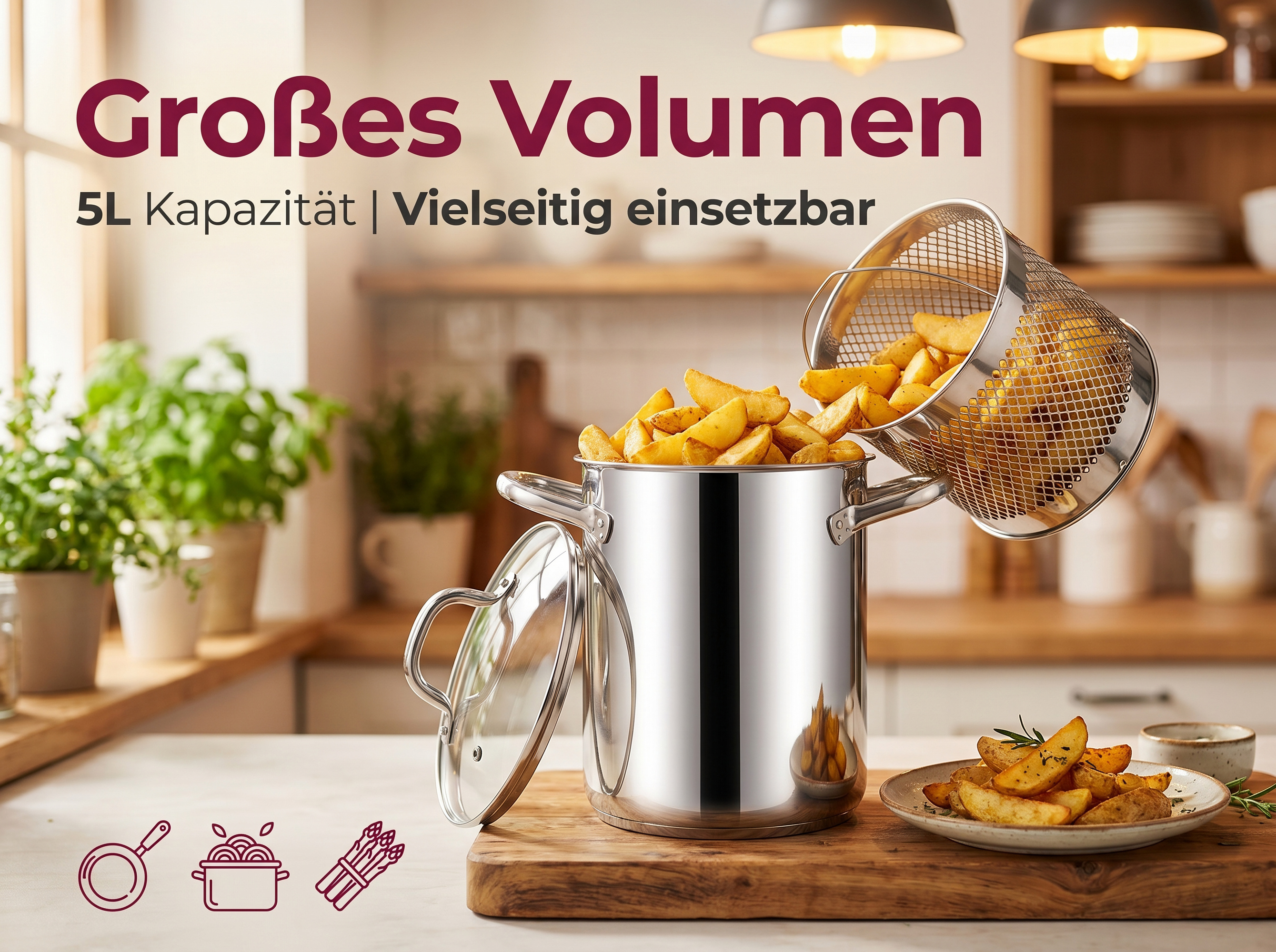 Großer Topf mit Pommes Frites, die aus einem Sieb hineingeschüttet werden.