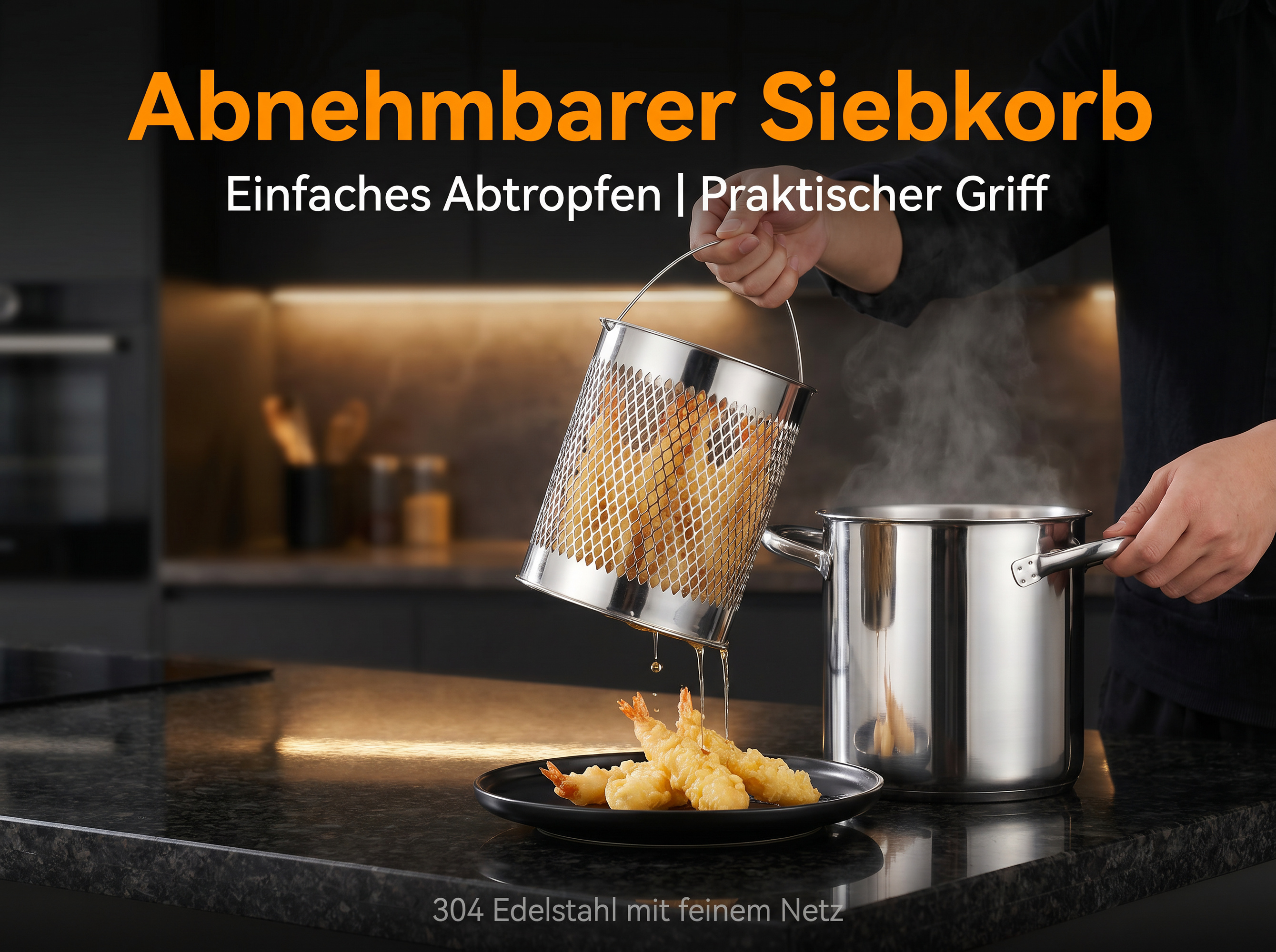 Ein Mann hebt einen Siebkorb mit frittierten Garnelen über einen Topf.