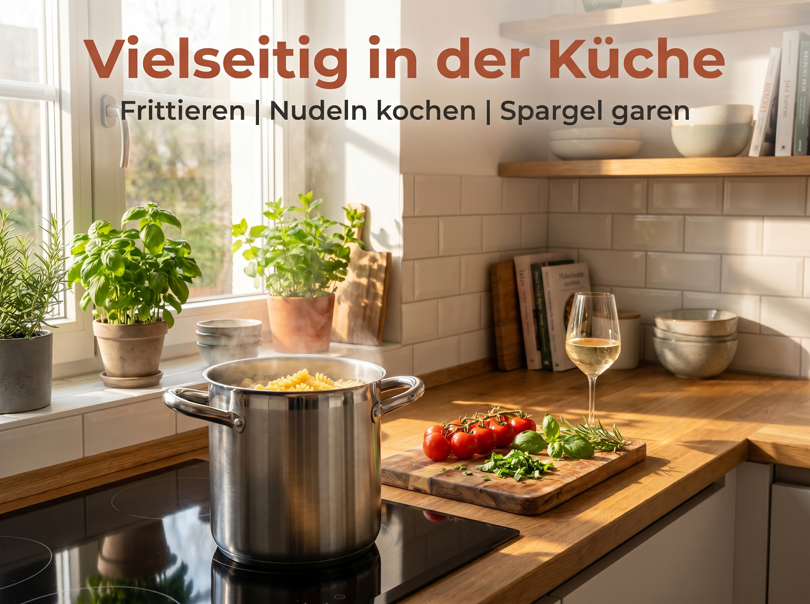 Küche mit kochenden Nudeln, Tomaten, Kräutern und einem Glas Wein.