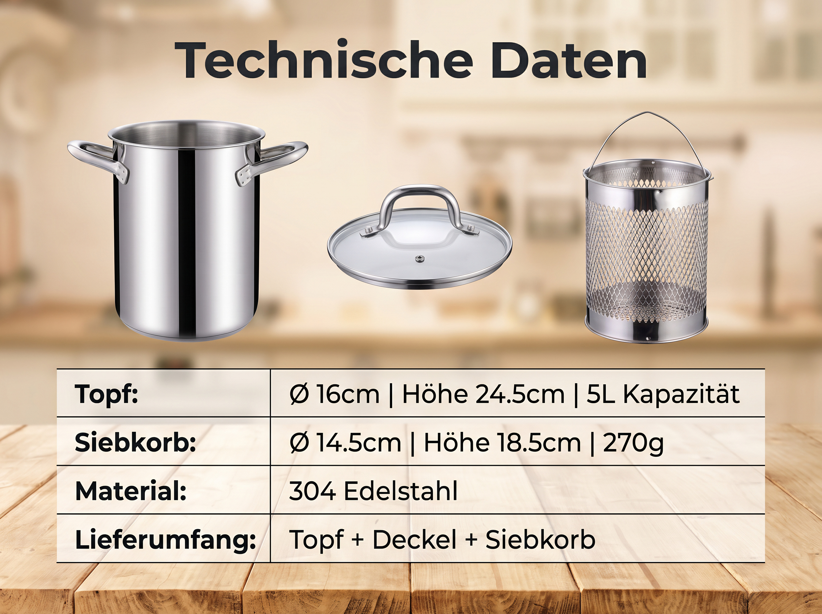 Edelstahltopf, Deckel und Siebkorb mit technischen Daten.