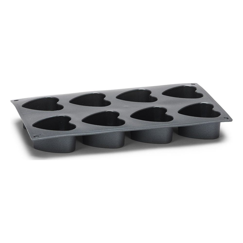 Ciemnoszara forma do muffin w kształcie serca z 8 wgłębieniami.