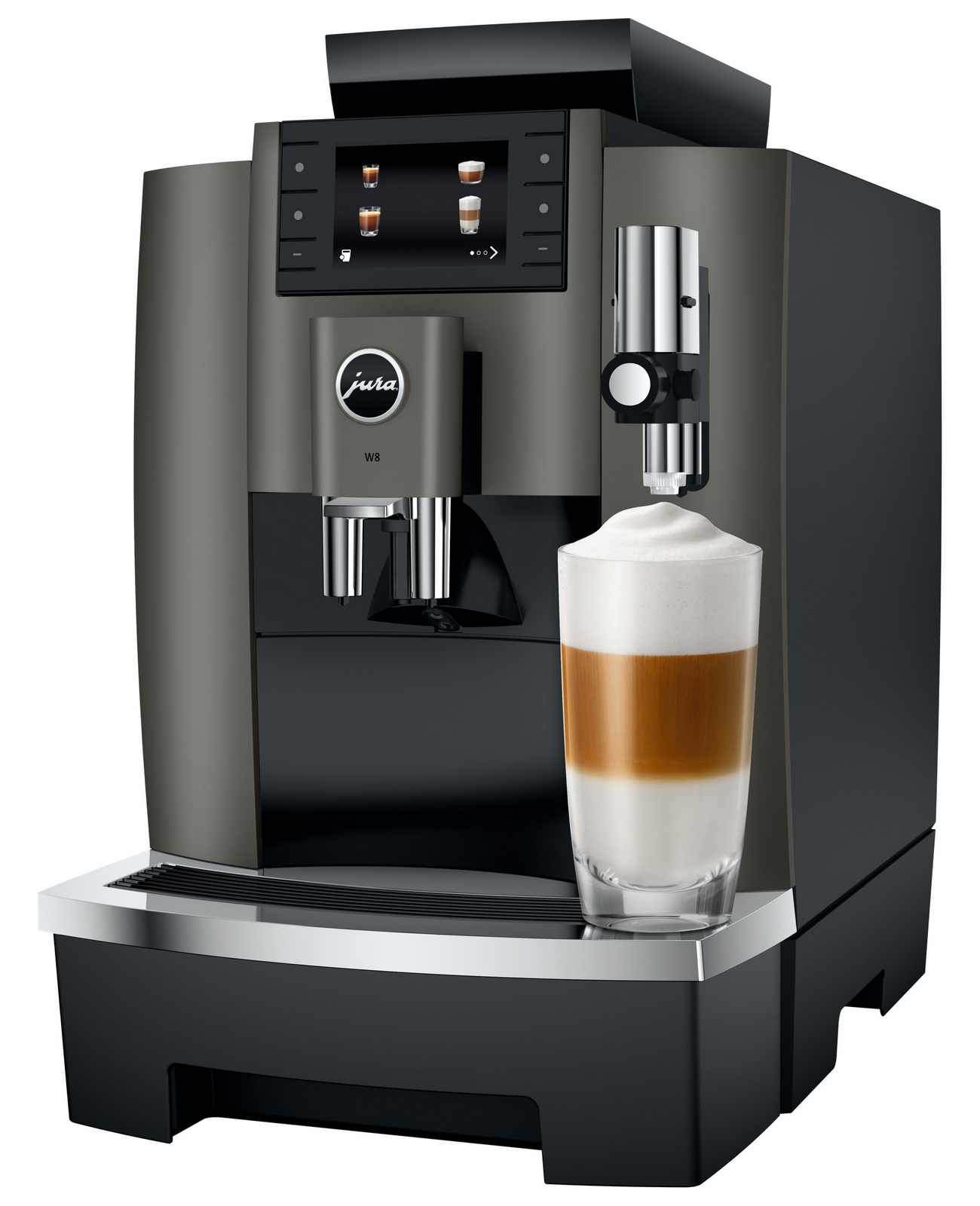 Una macchina da caffè con un bicchiere di latte macchiato e schiuma di latte.