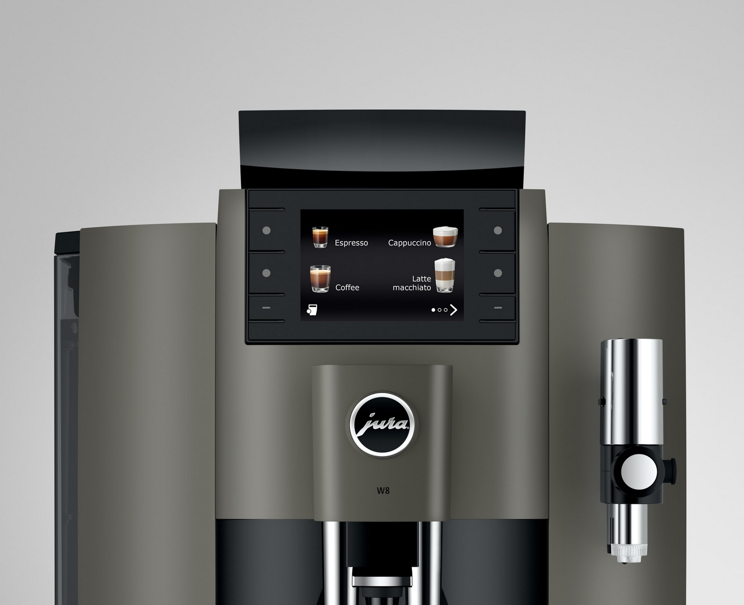 Una macchina da caffè JURA W8 con touchscreen che mostra Espresso, Cappuccino, Caffè e Latte Macchiato.