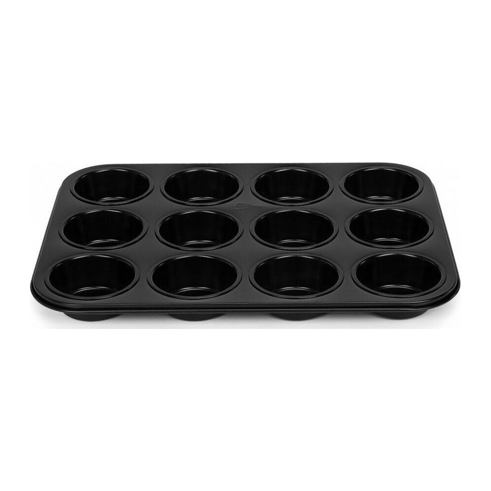 Czarna forma do muffinek z 12 wgłębieniami na białym tle.