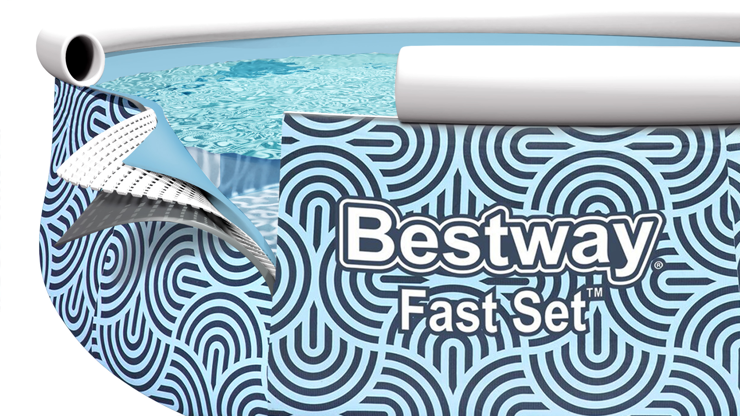 Basen Bestway Fast Set z niebieskim wzorem fal i warstwowym materiałem.