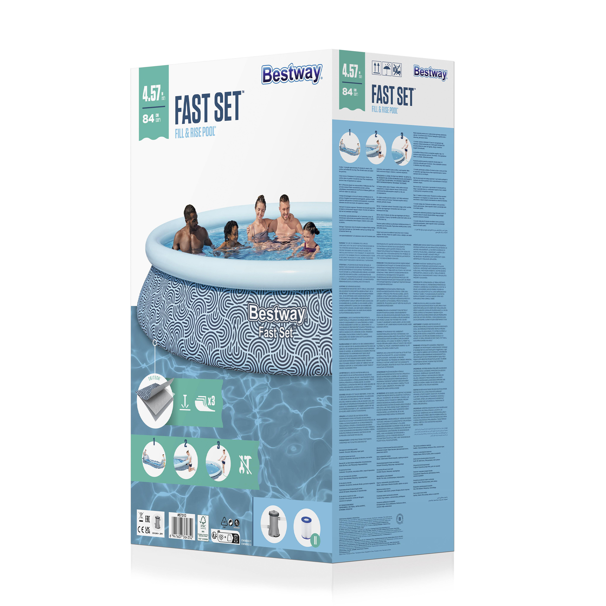 Pudełko basenu Bestway Fast Set z rodziną w basenie i informacjami.