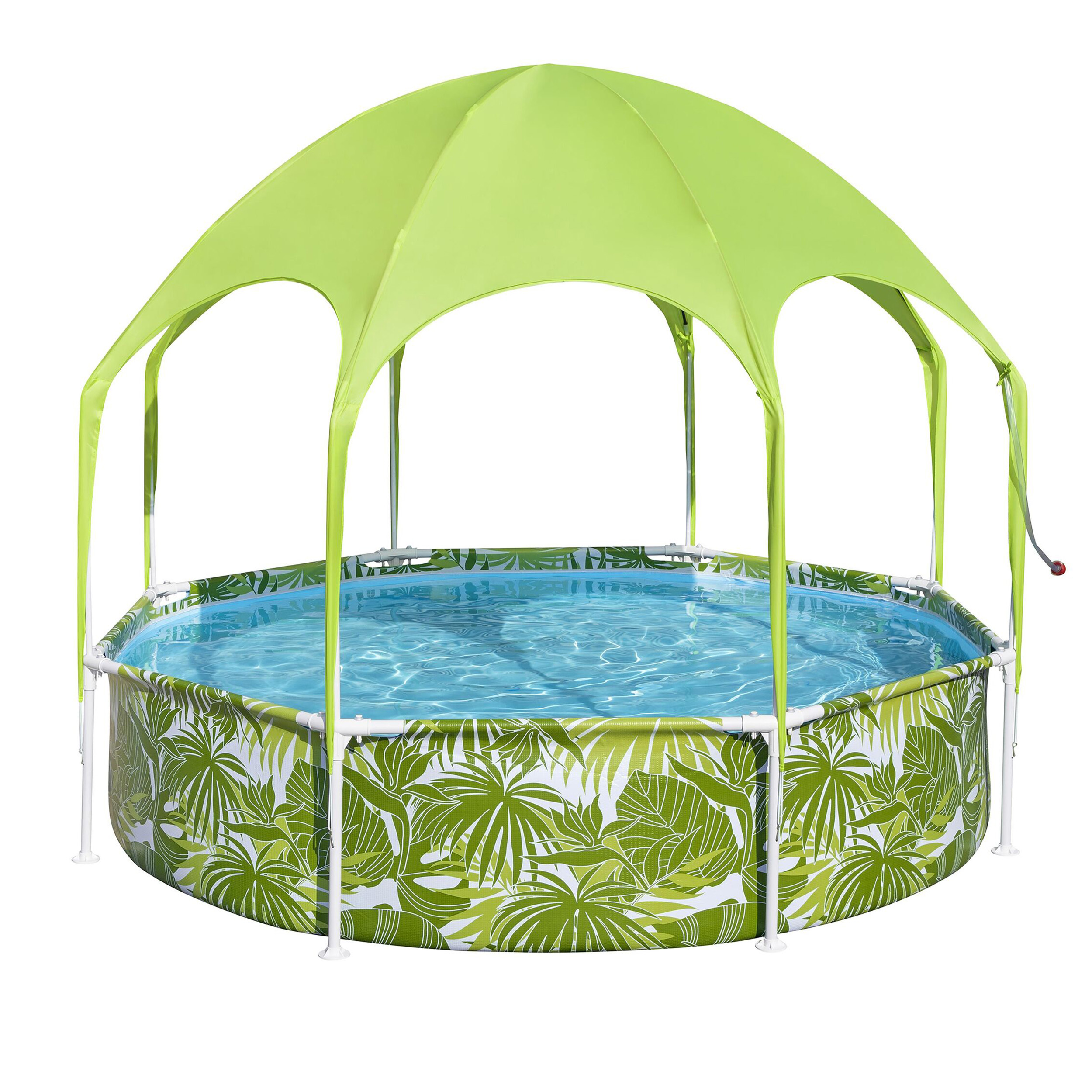 Una piscina rotonda con motivo a foglie di palma verdi e una tettoia solare verde.