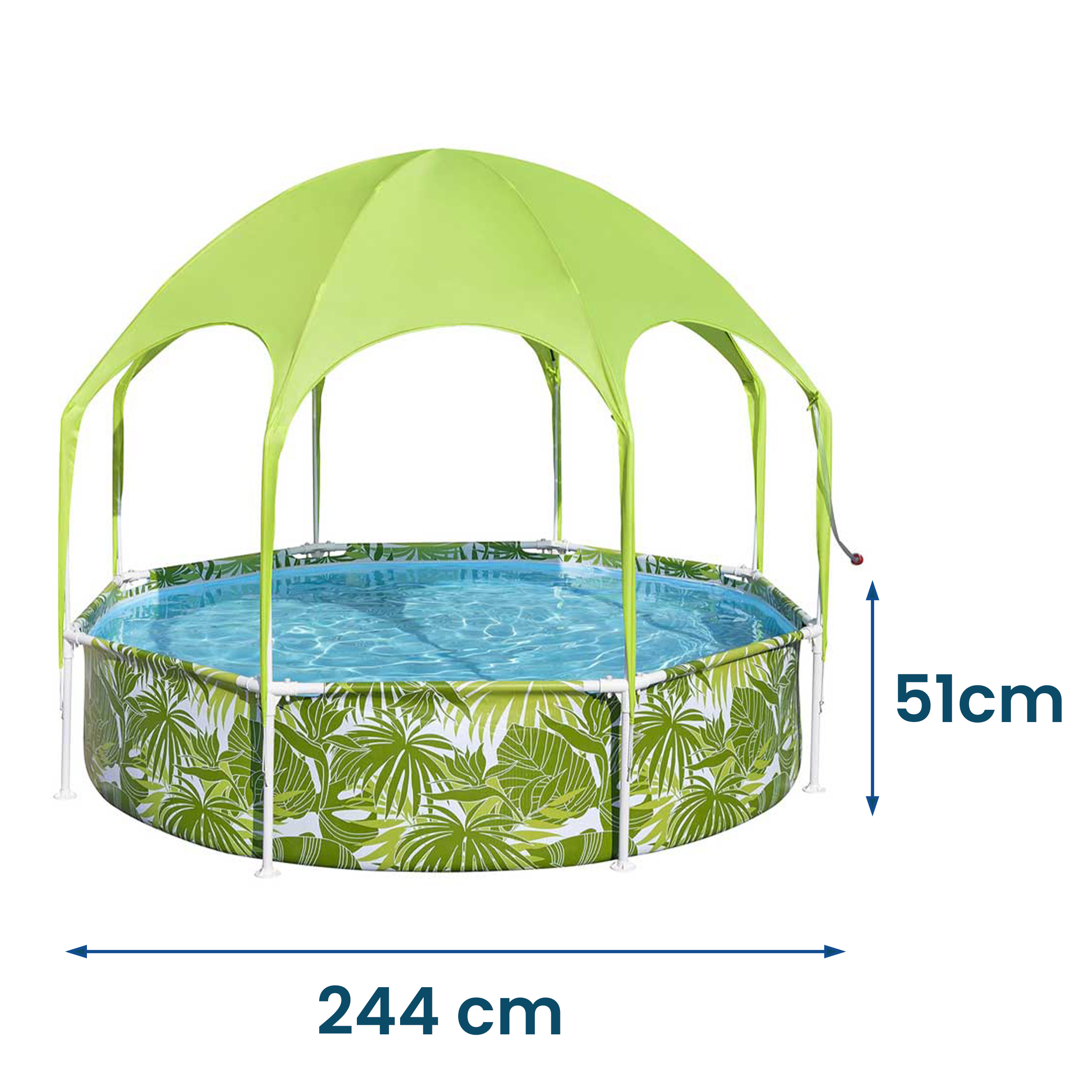 Piscina gonfiabile con motivo a foglia di palma e tettoia verde.