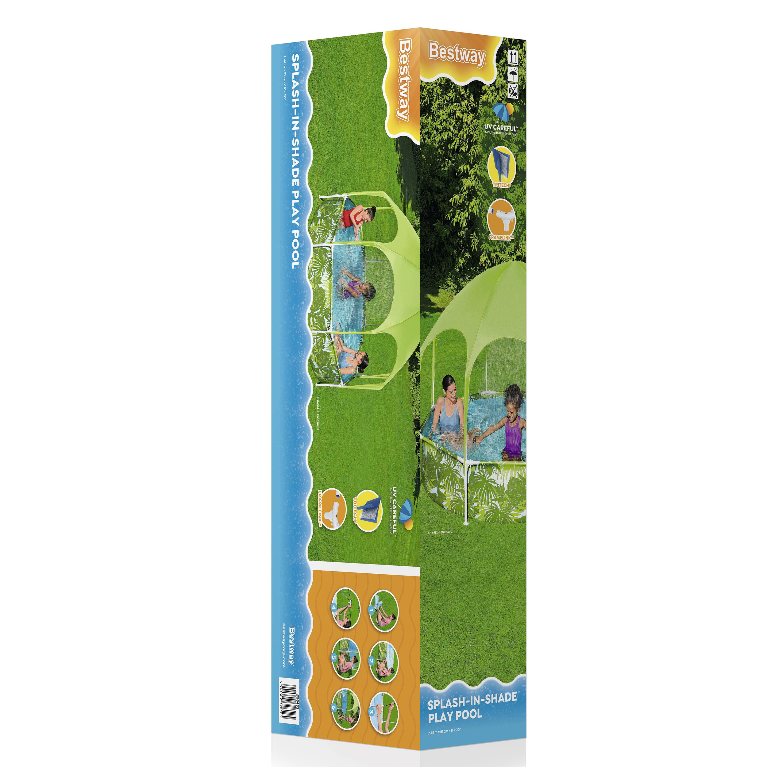 Confezione piscina Bestway con ombra UV e bambini che giocano.