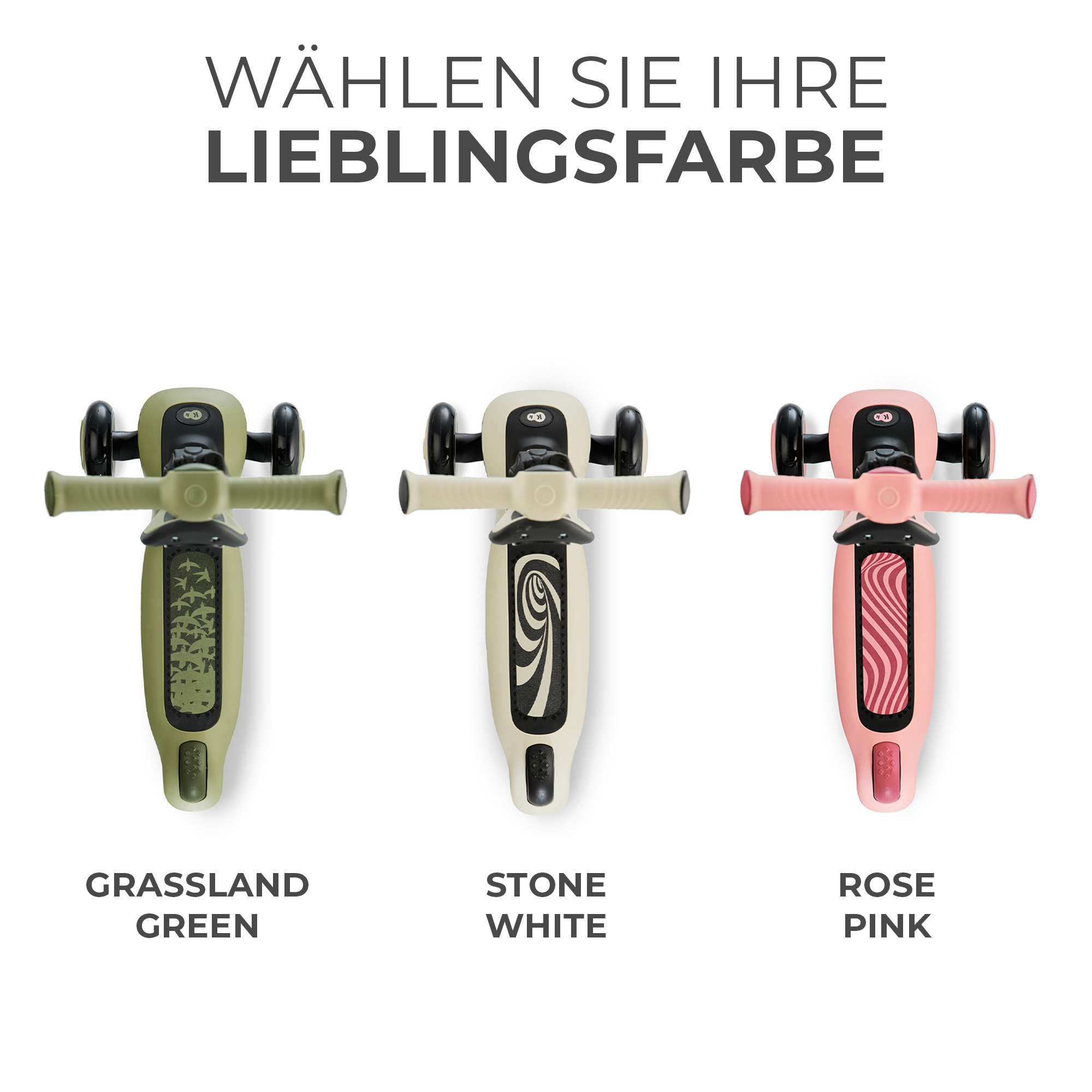 Drei Roller in Grün, Weiß und Rosa mit verschiedenen Mustern.