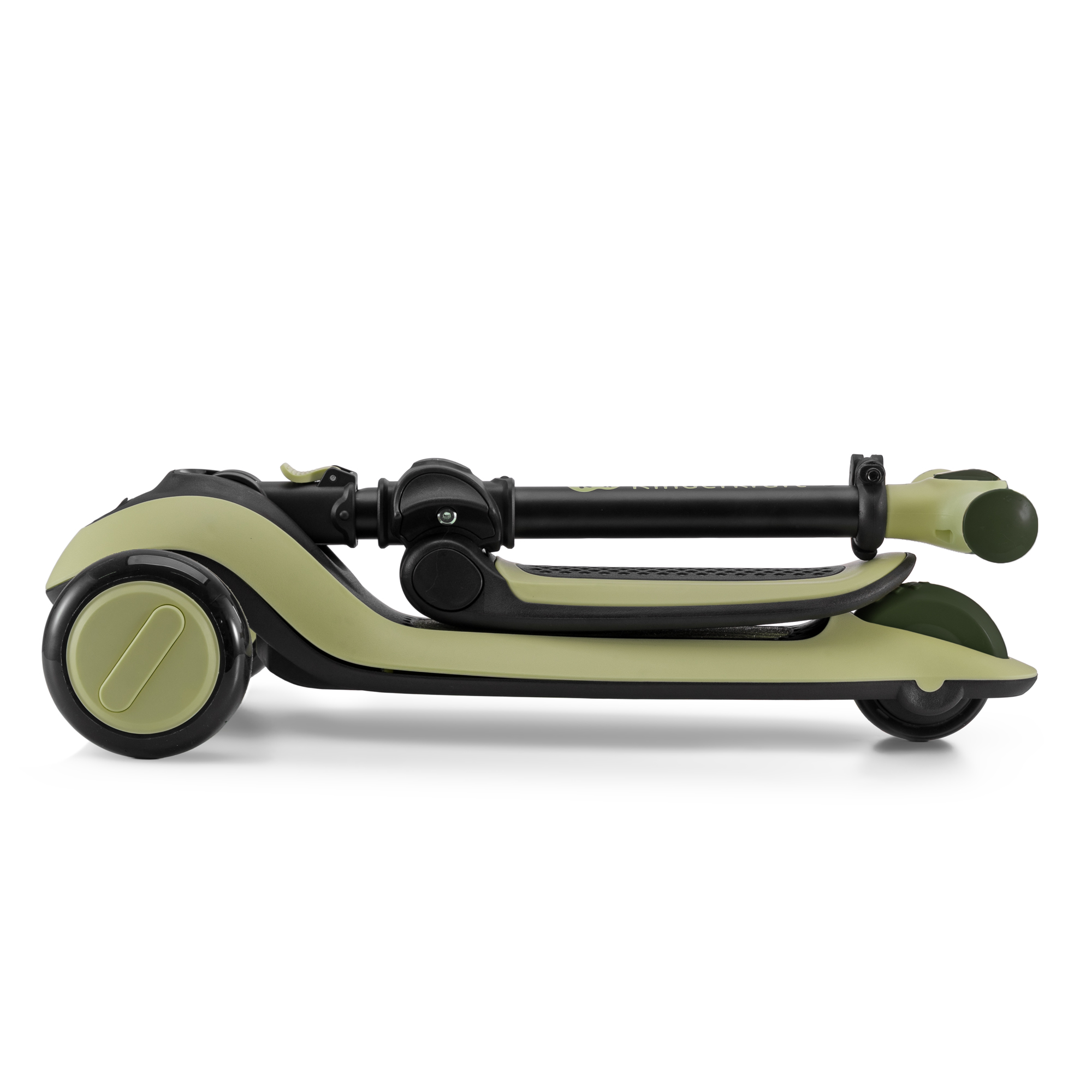 Ein zusammengeklappter Roller in Khaki und Schwarz mit zwei Rädern.