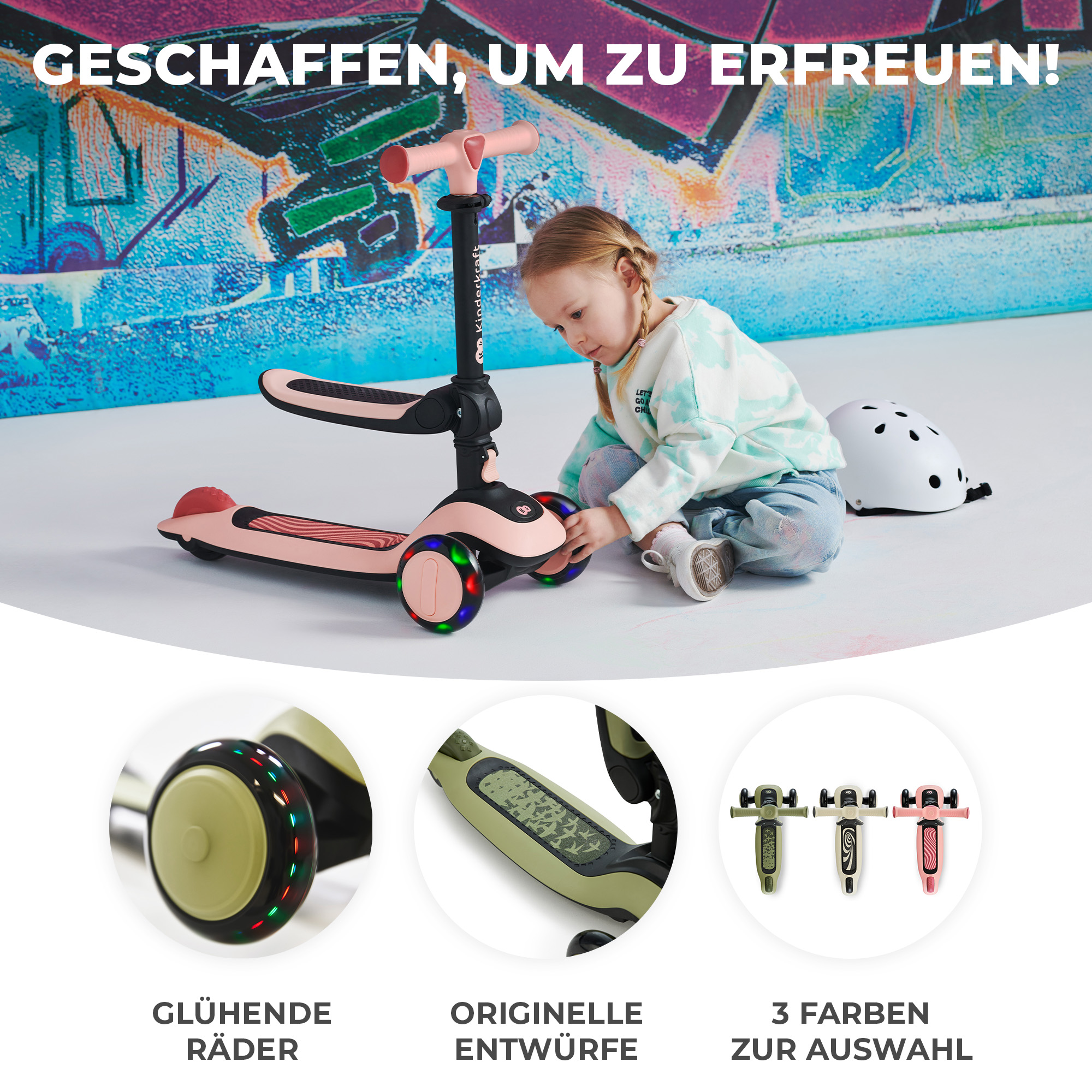 Mädchen spielt mit einem rosa Roller mit leuchtenden Rädern vor Graffiti-Wand.