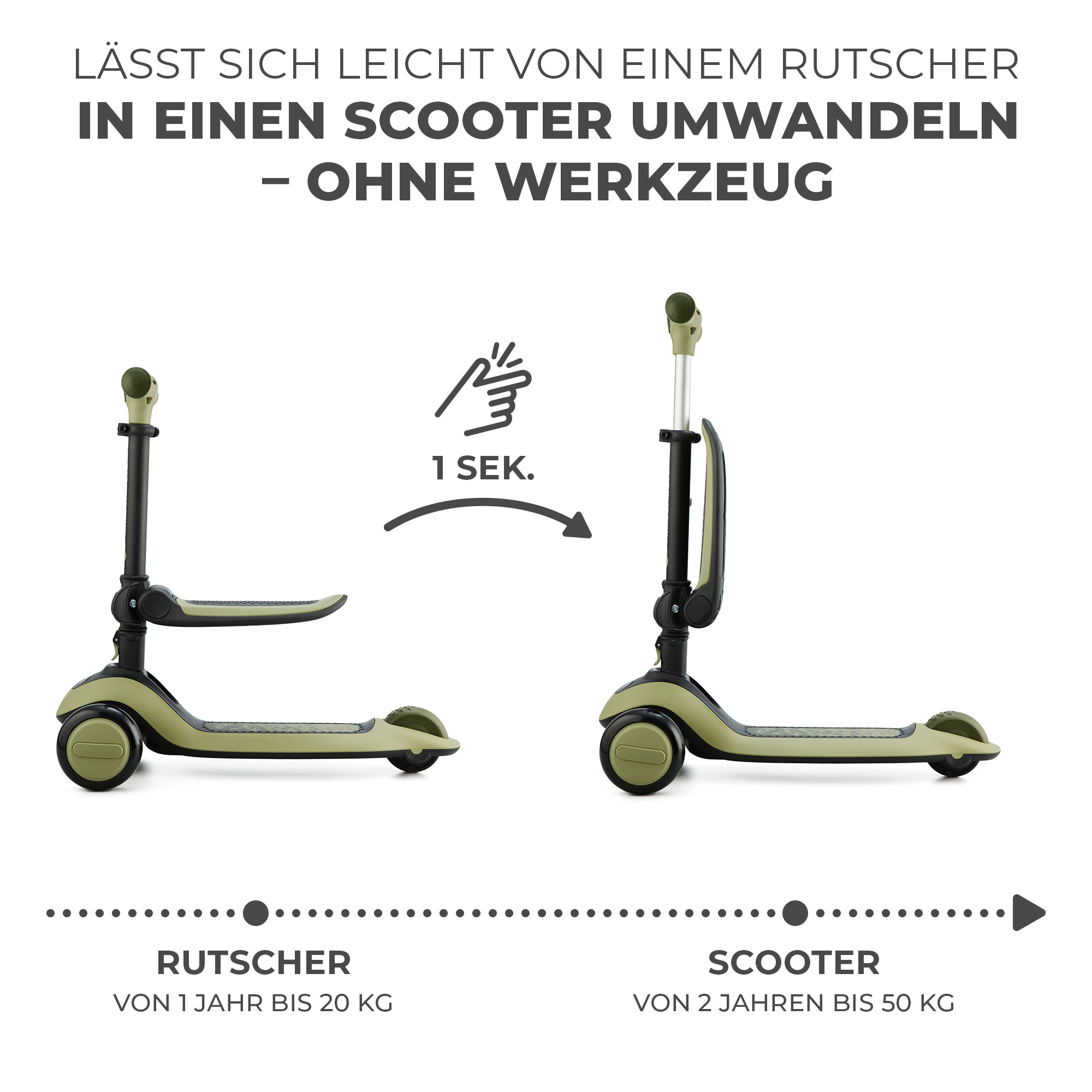 Ein grüner Kinderroller in zwei Modi: Rutschauto und Roller. Einfache Umwandlung.