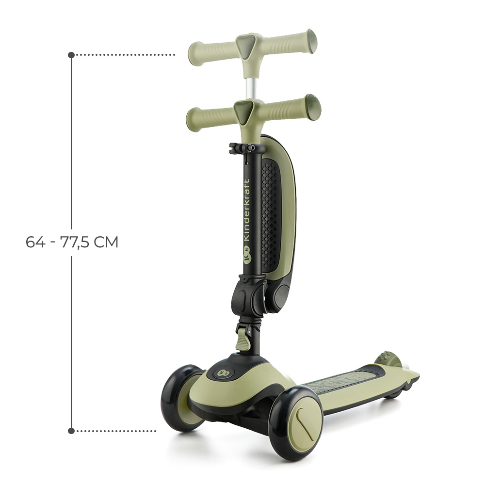 Ein hellgrüner Roller mit drei Rädern und verstellbarem Lenker.